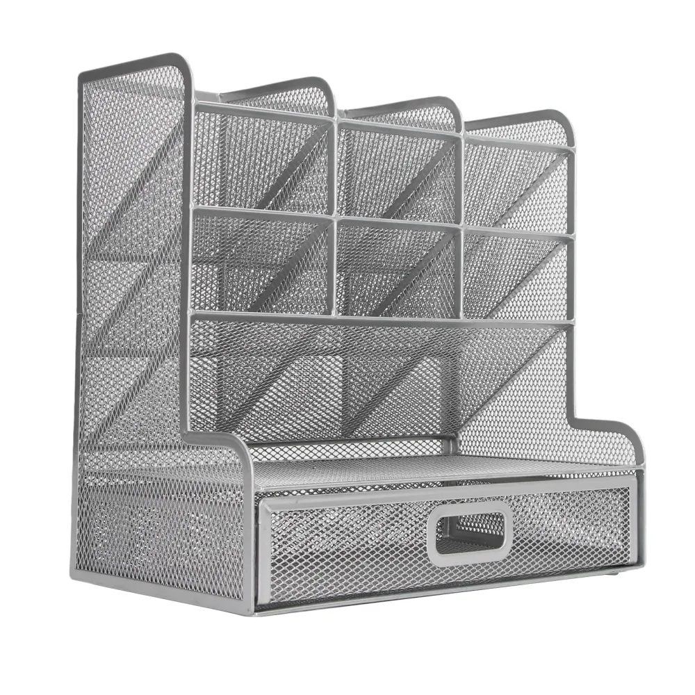 Mesh Pen Organizer 9 Compartments with 1 Pull Out Drawer Upright Storage Iron Multi Functional Pen Holder for Rulers Silver