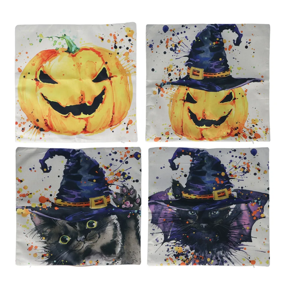 Halloween Pillow Covers Pumpkin Pattern Zipped Closure Linen Material Cold Water Washing Home Pillow Case for Decorations 4 Combination Pack 01