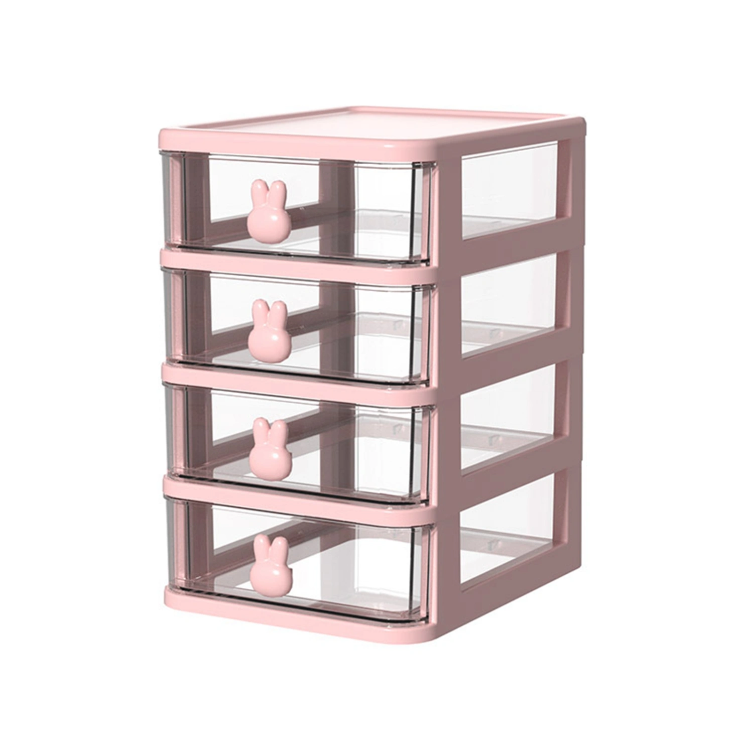 Desk Storage Box Multi Tier Transparent Plastic Large Capacity Bunny Handle Small Drawer Organizer for Book Pen Office Pink, 4 Tier(13.4x17x21cm)