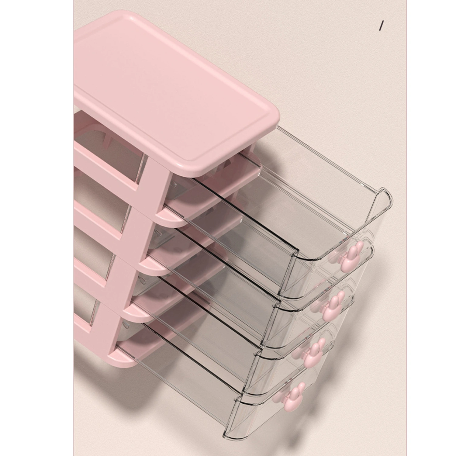 Desk Storage Box Multi Tier Transparent Plastic Large Capacity Bunny Handle Small Drawer Organizer for Book Pen Office Pink, 4 Tier(13.4x17x21cm)