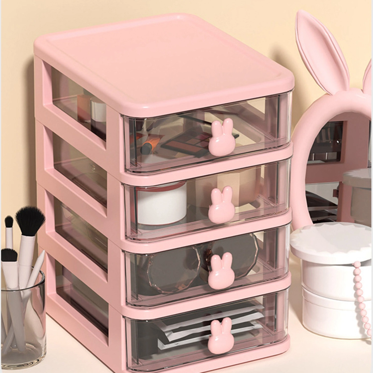 Desk Storage Box Multi Tier Transparent Plastic Large Capacity Bunny Handle Small Drawer Organizer for Book Pen Office Pink, 4 Tier(13.4x17x21cm)