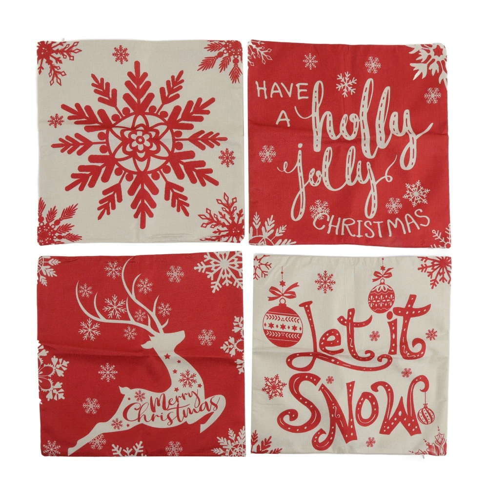 4pcs Christmas Pillow Covers 45x45cm Deer Snowflake Snowman Comfortable Soft Linen Christmas Pillow Cases for Home Couch 01