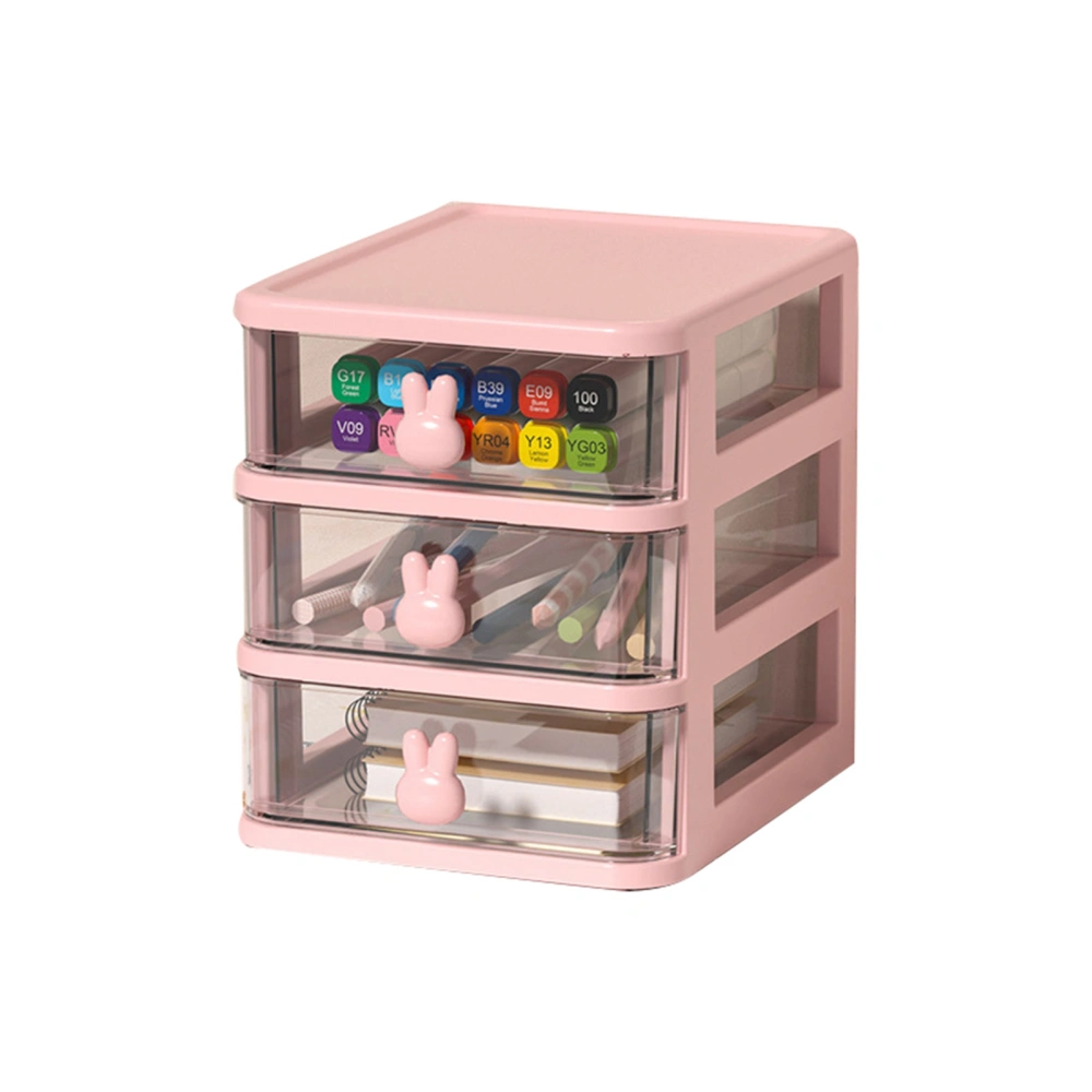 Desk Storage Box Multi Tier Transparent Plastic Large Capacity Bunny Handle Small Drawer Organizer for Book Pen Office Pink, 3 Tier(13.4x17x16cm)