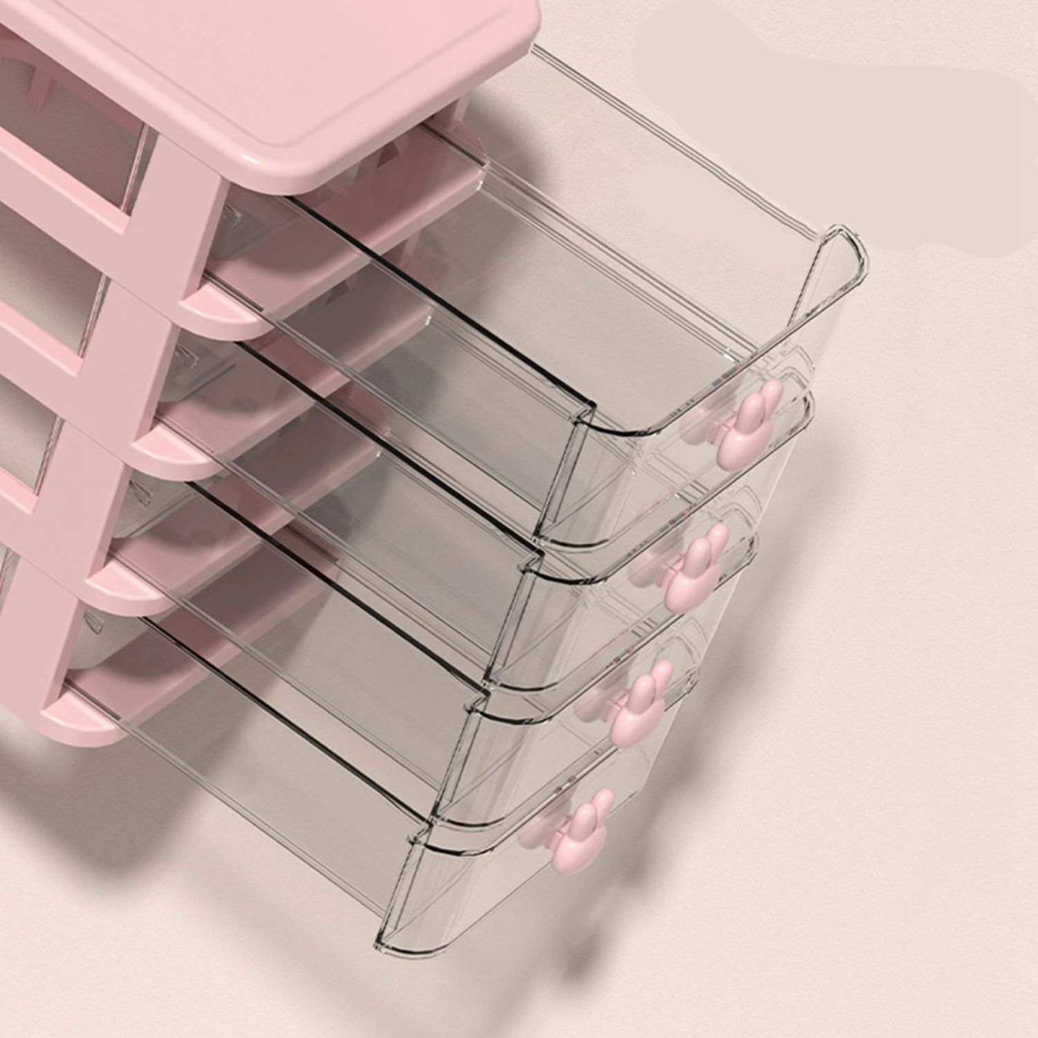 Desk Storage Box Multi Tier Transparent Plastic Large Capacity Bunny Handle Small Drawer Organizer for Book Pen Office Pink, 3 Tier(13.4x17x16cm)