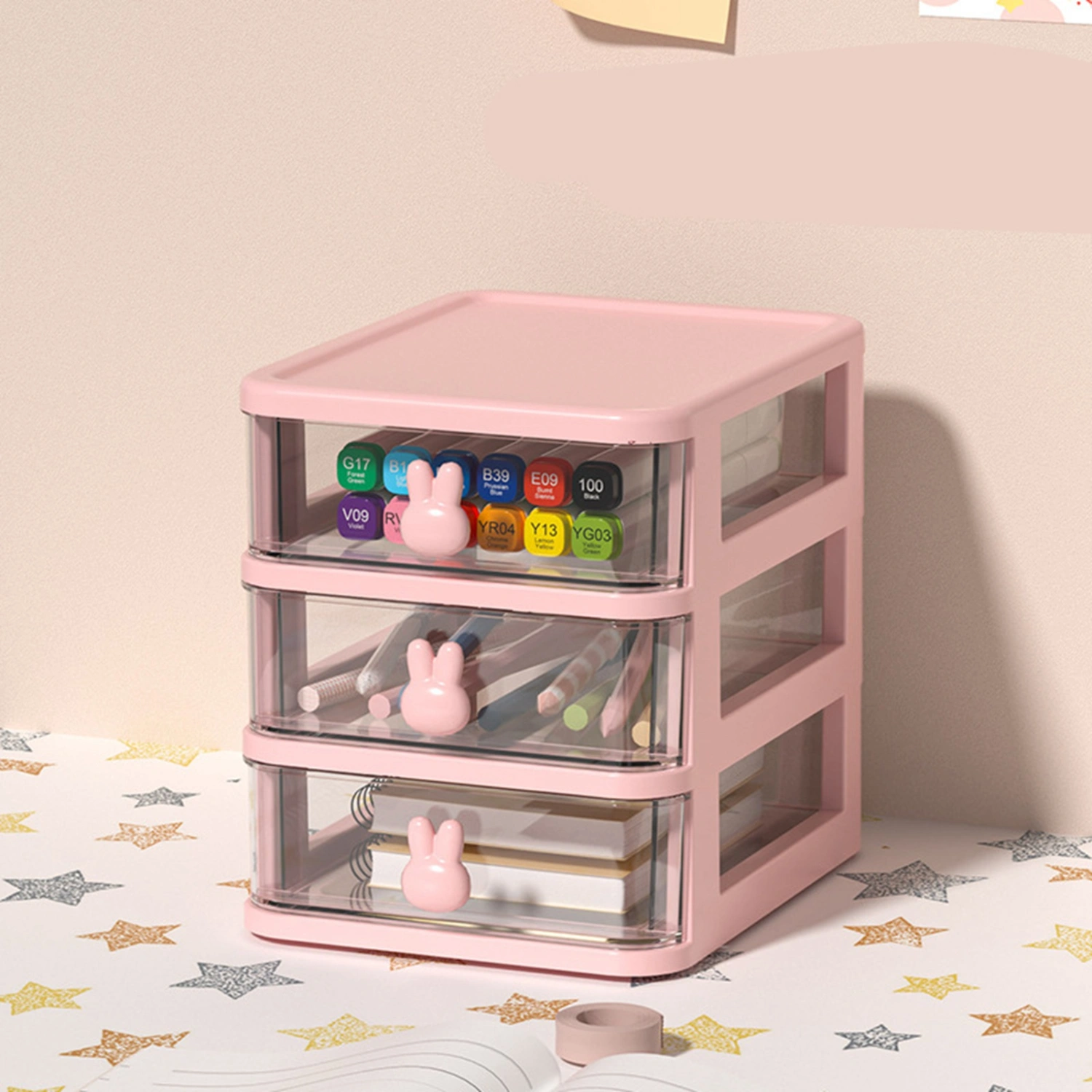 Desk Storage Box Multi Tier Transparent Plastic Large Capacity Bunny Handle Small Drawer Organizer for Book Pen Office Pink, 3 Tier(13.4x17x16cm)