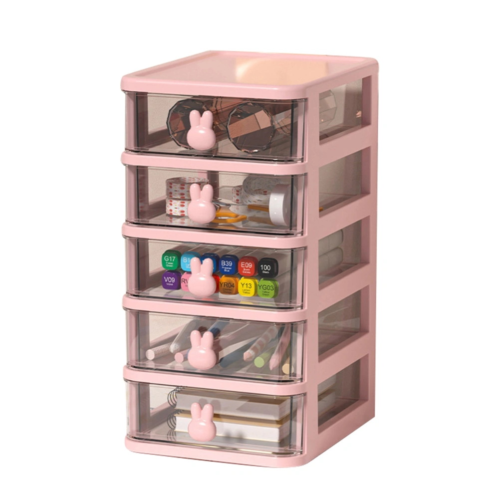 Desk Storage Box Multi Tier Transparent Plastic Large Capacity Bunny Handle Small Drawer Organizer for Book Pen Office Pink, 5 Tier(13.4x17x26cm)