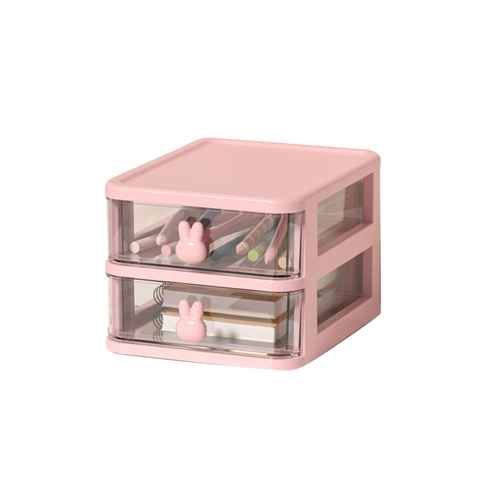 Desk Storage Box Multi Tier Transparent Plastic Large Capacity Bunny Handle Small Drawer Organizer for Book Pen Office Pink, 2 Tier(13.4x17x11cm)