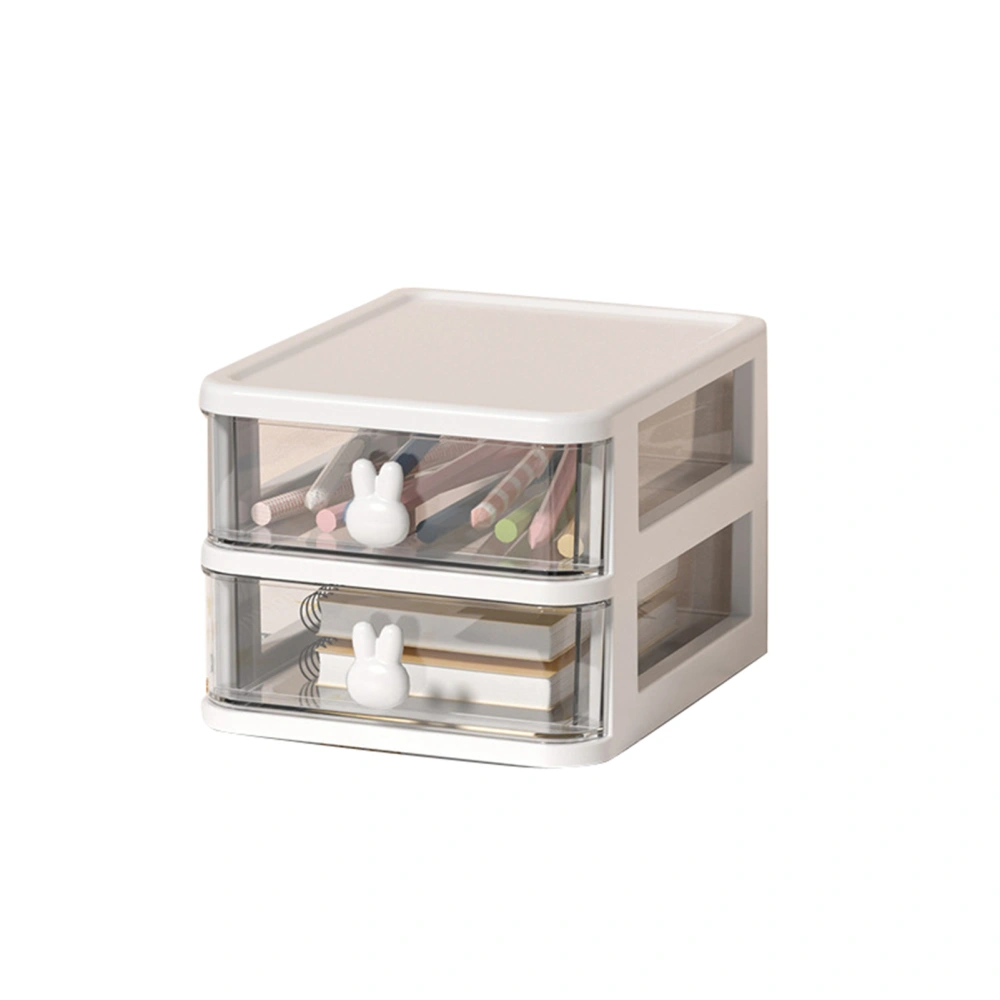 Desk Storage Box Multi Tier Transparent Plastic Large Capacity Bunny Handle Small Drawer Organizer for Book Pen Office White, 2 Tier(13.4x17x11cm)