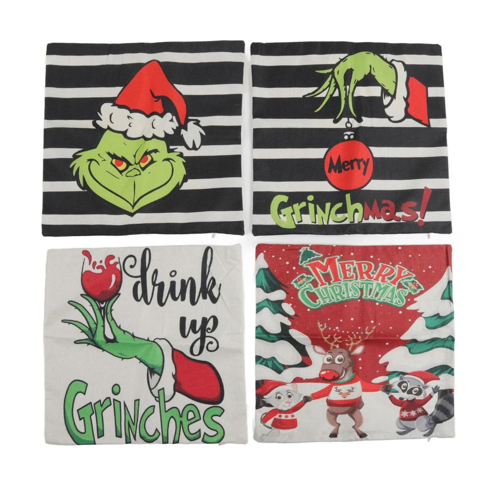 Christmas Pillow Covers Green Cartoon Character Linen Material Zipper Closure Christmas Decorations for Indoor Outdoor 4 Combination Pack A9 12