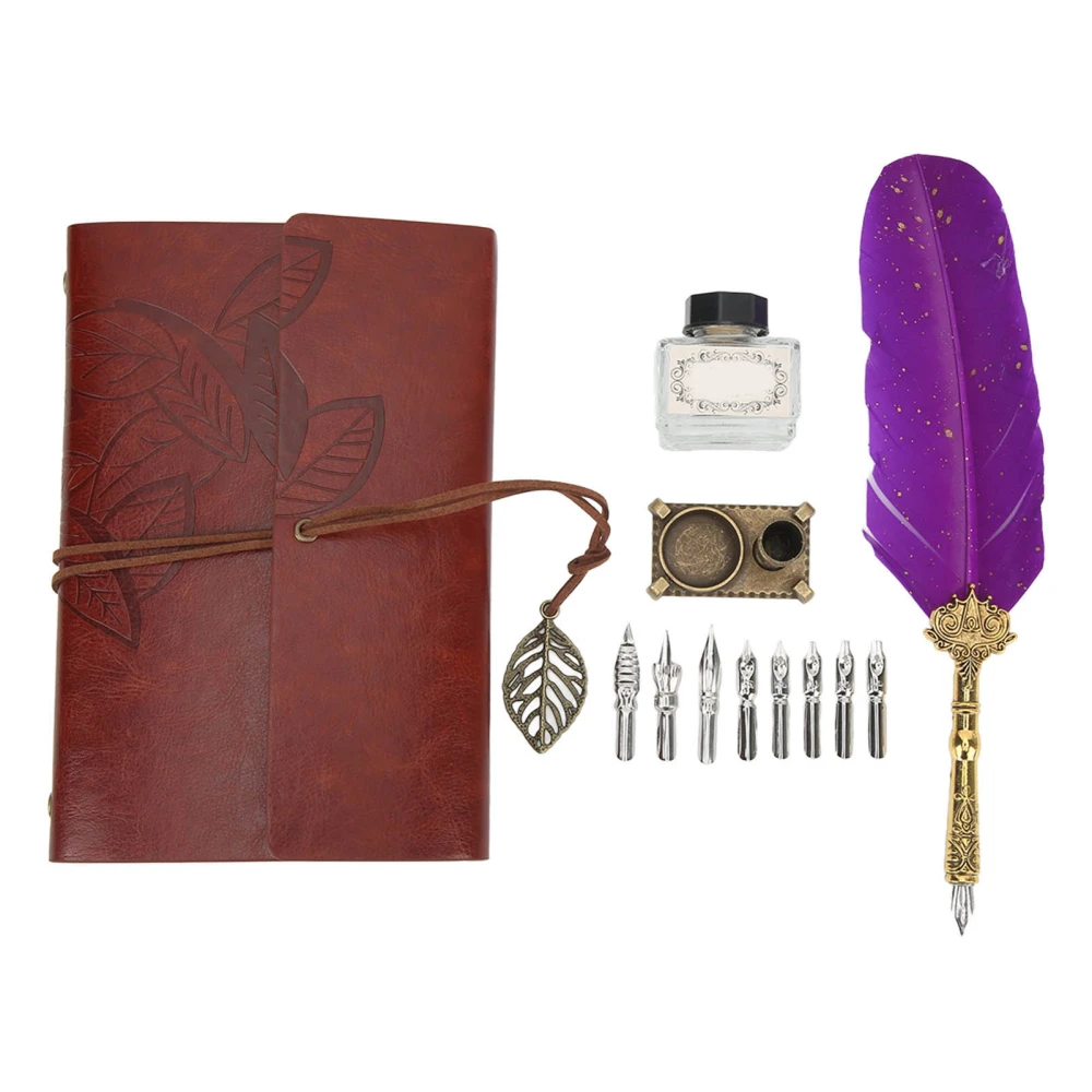 Retro Feather Pen Set Gift Packing Purple Clear Texture Stainless Steel Engraved Nib Pole Quill Ink Pen Set