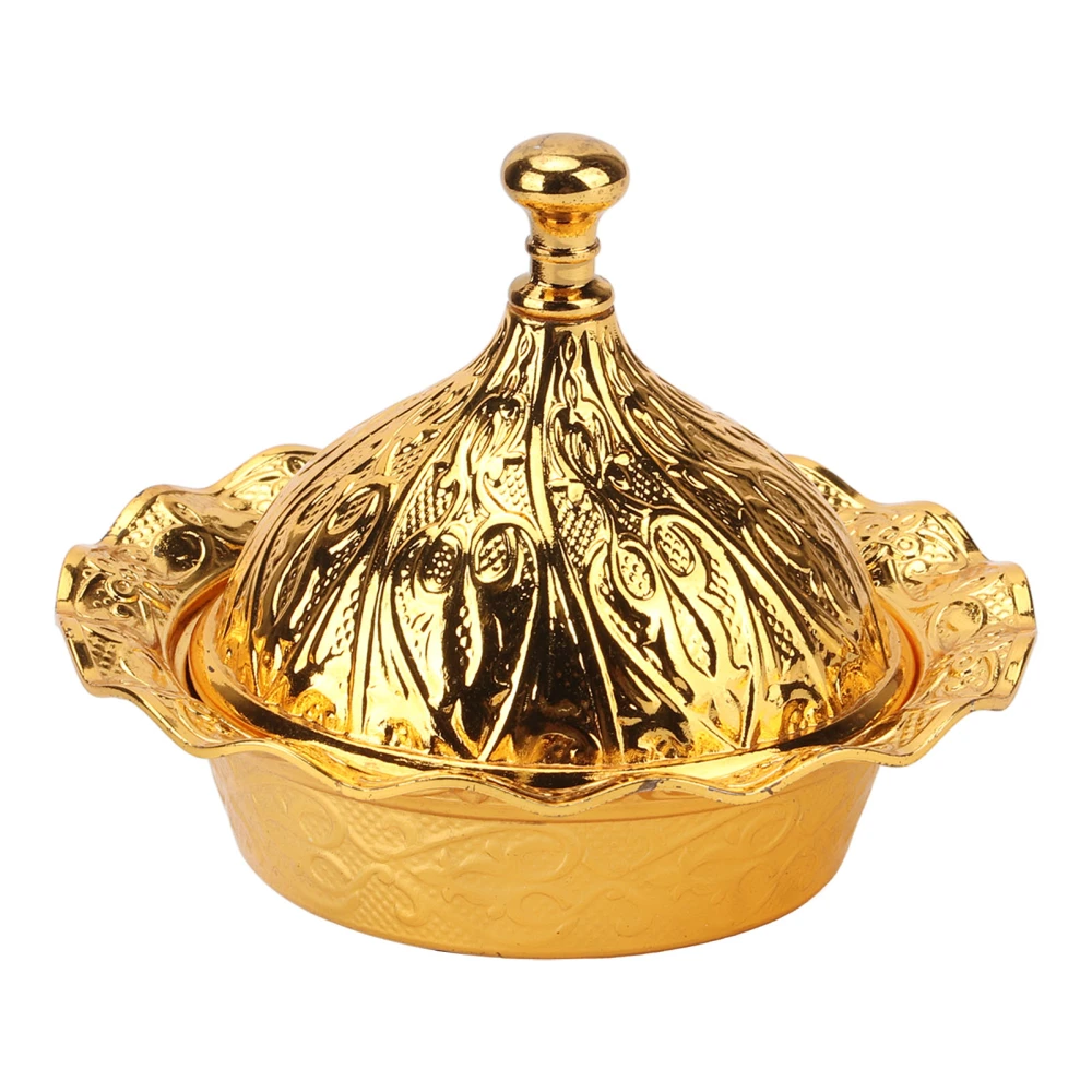 Gold Candy Dish with Lid Gold Floral Embossing Modern Simple Zinc Alloy Fruit Dish Snacks Dish for Wedding Hotel Bar Counter