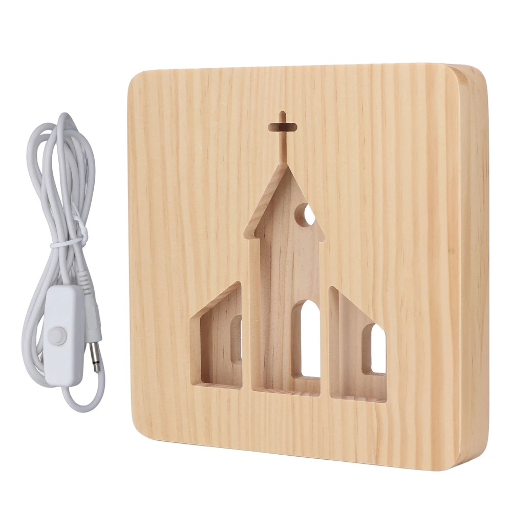 LED Night Light Christian Church Pattern Hollow Out 3D Wooden Lamp USB Interface Pine Wooden Night Light for Bedroom Home