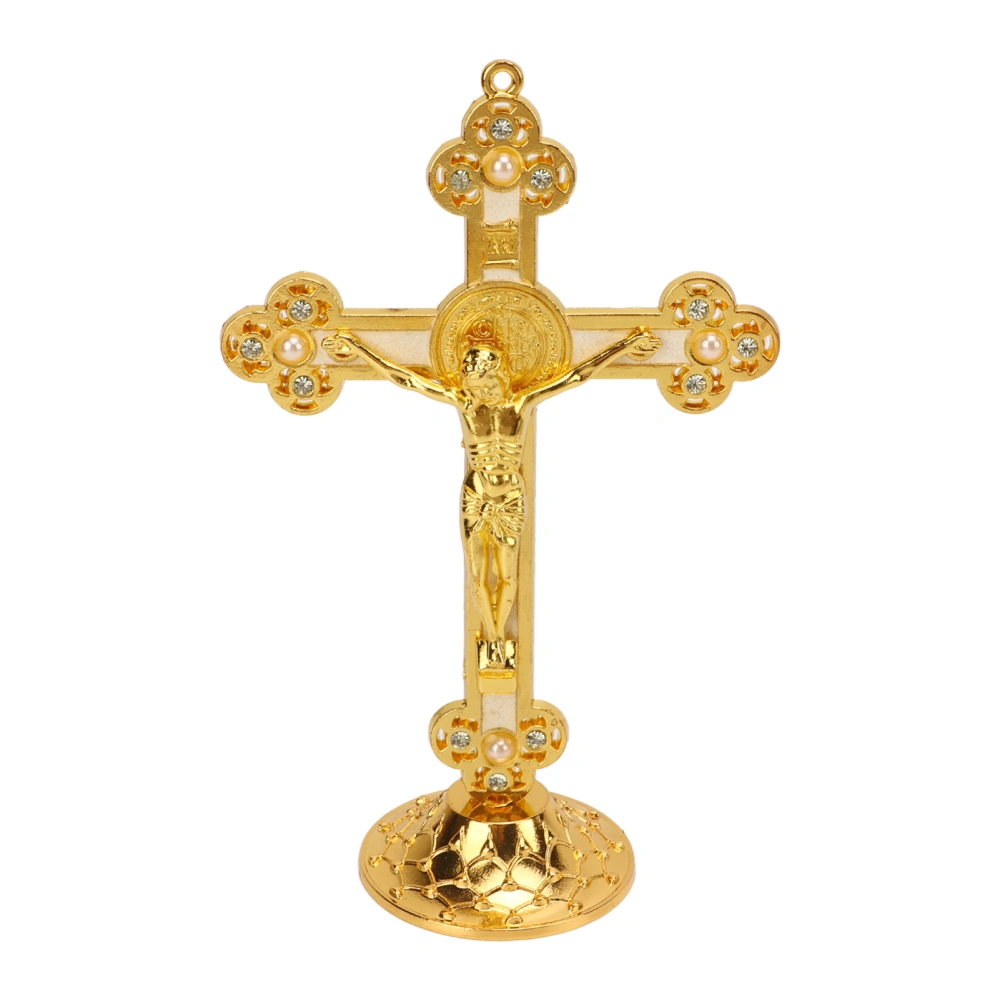 Standing Crucifix Catholic Laser Engraving Retro Style Holy Crucifix Table Crucifix with Stable Base for Desktop Decoration