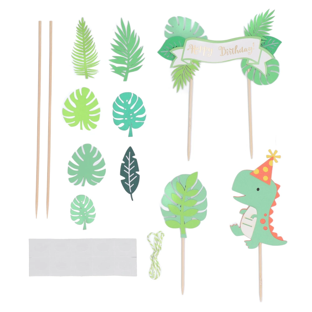 4 Set Dinosaur Cake Topper Green Dinosaur Palm Leaf Happy Birthday English Card Dinosaur Cake Decorations Party Decoration