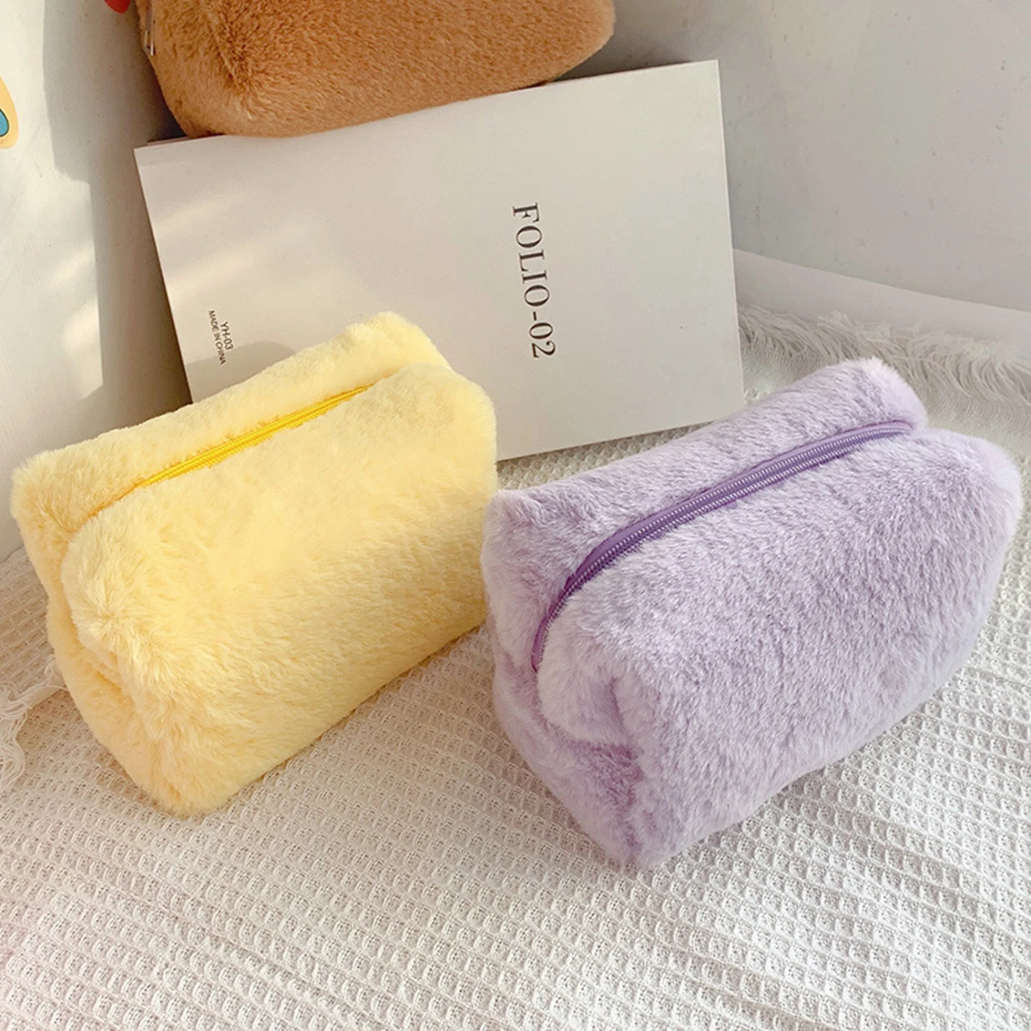 Plush Makeup Bag Lovely Soft Plush Fluffy Makeup Bag Fluffy Makeup Bag Portable Cosmetics Bag for Girls Bright Yellow