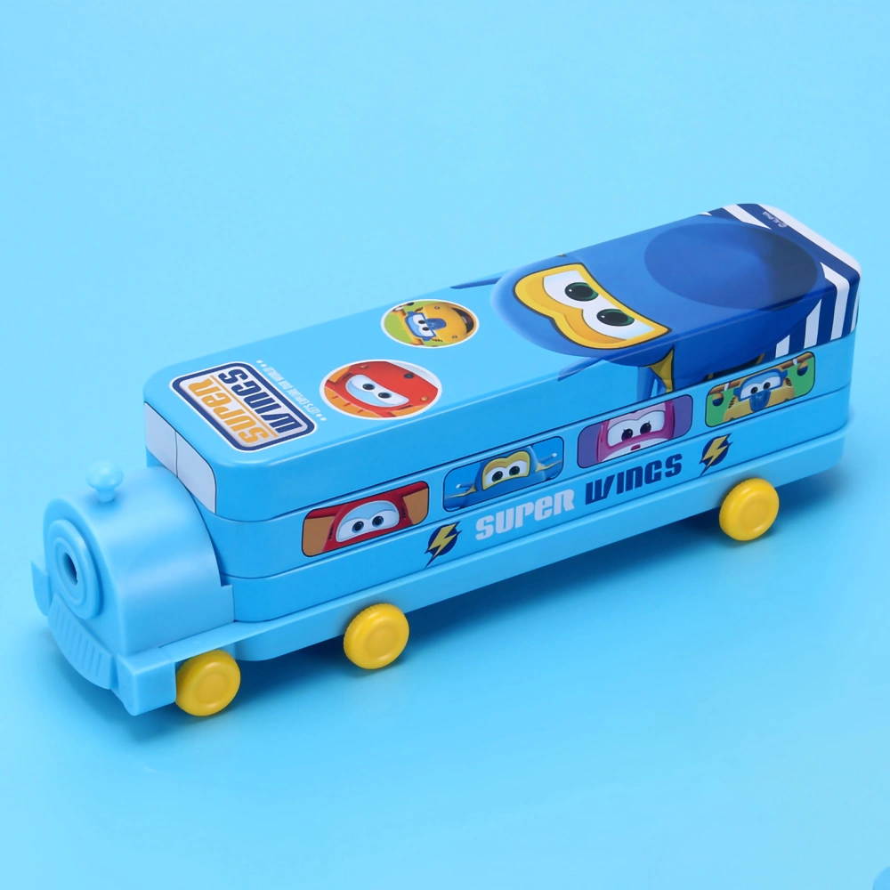 Cartoon Pencil Case Train Shape 2 Layer Large Capacity Foldable Stationery Box for Students Home School Blue Super Flying Man