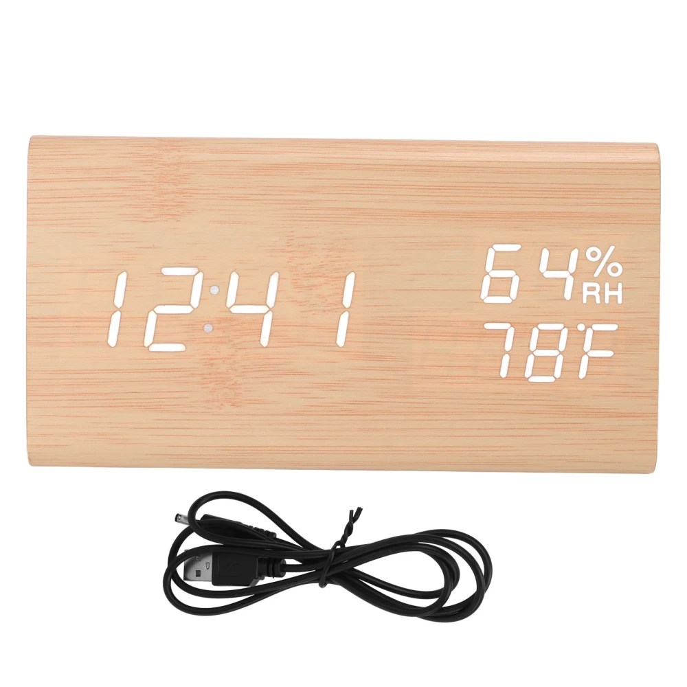 Triangular Digital Wooden Clock Time Date Temperature Humidity Display Alarm Function Voice Control LED Wood Clock