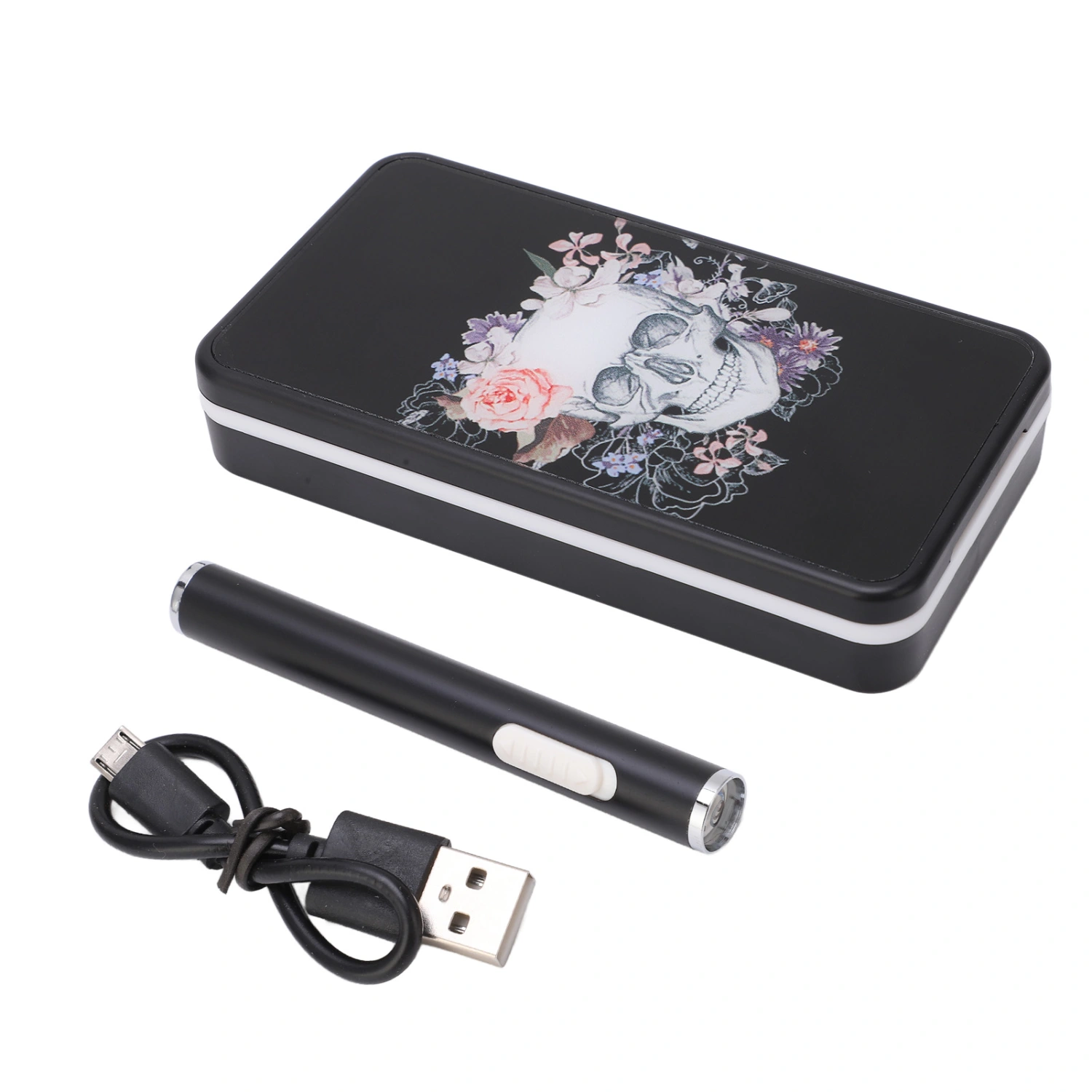 Cigarette Case Skull Print Flash Color Breathing Light Rechargeable Cigarette Storage Box With Windproof Electric Heating Rod