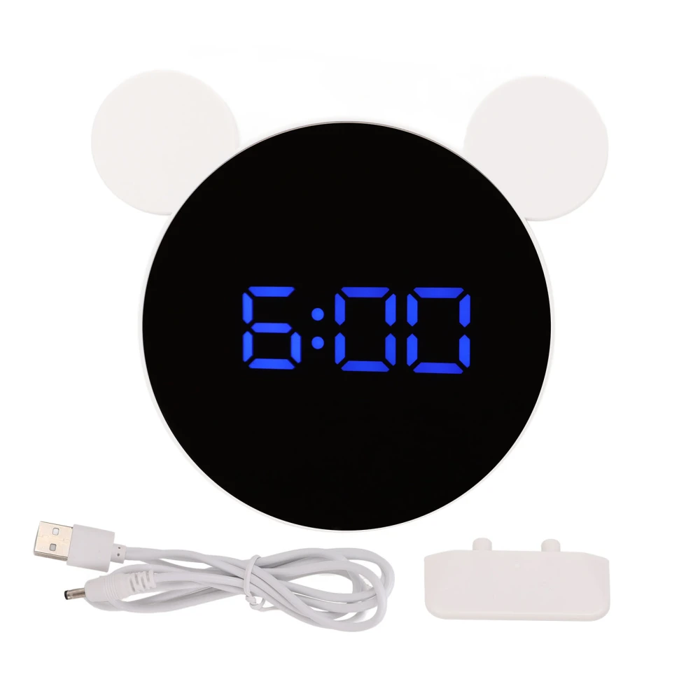 Mirrored Digital Alarm Clock Cute Mice Ear Shape LED Mirror Clock with Snooze Model Night Mode for Kids Home Bedroom Blue LED