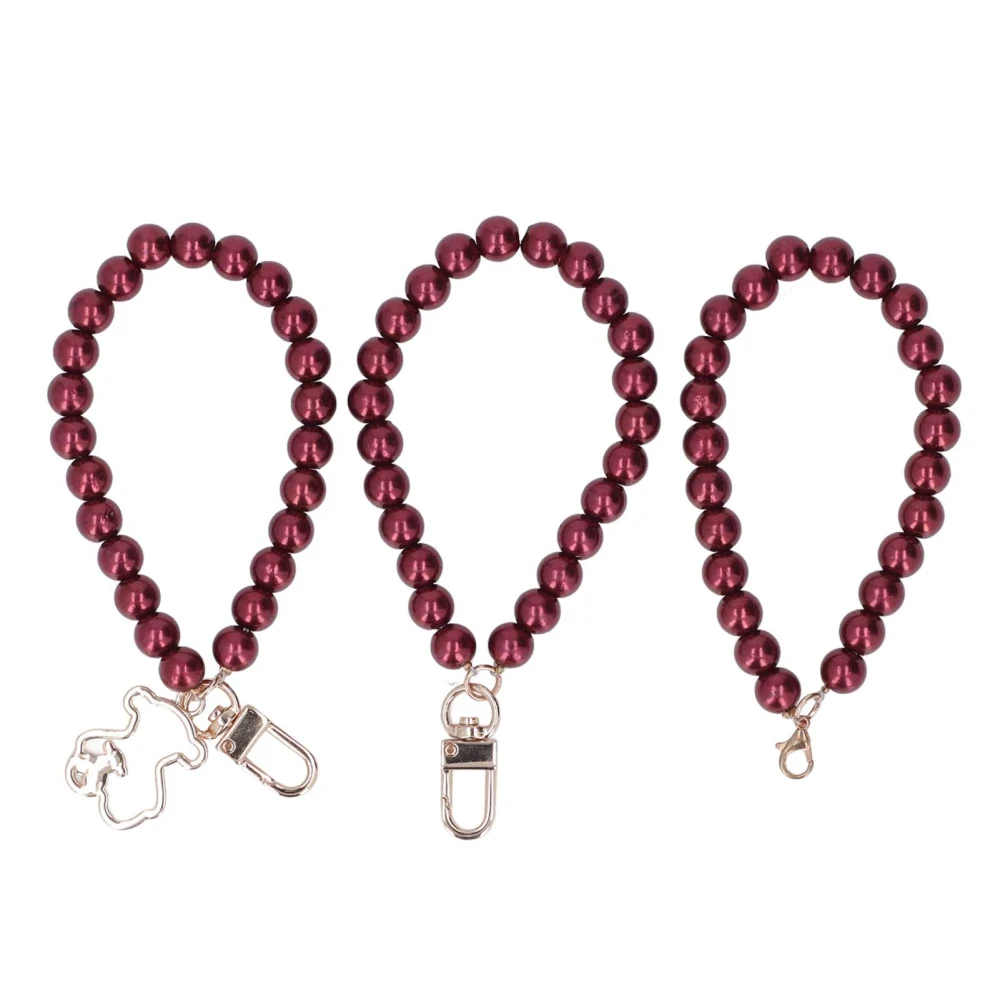 3 Pcs Pearl Bracelet 10mm Three Styles Metal Buckle Glossy Pearl Chain Phone Case Key Chain Bag Hanging Chain Wine Red