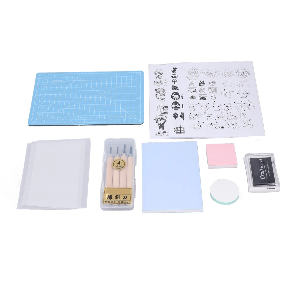 Rubber Stamp Carving Blocks Set A5 Blue Pad Incisive Knife DIY Comfortable Handle Washable Printing Carving Block Kit