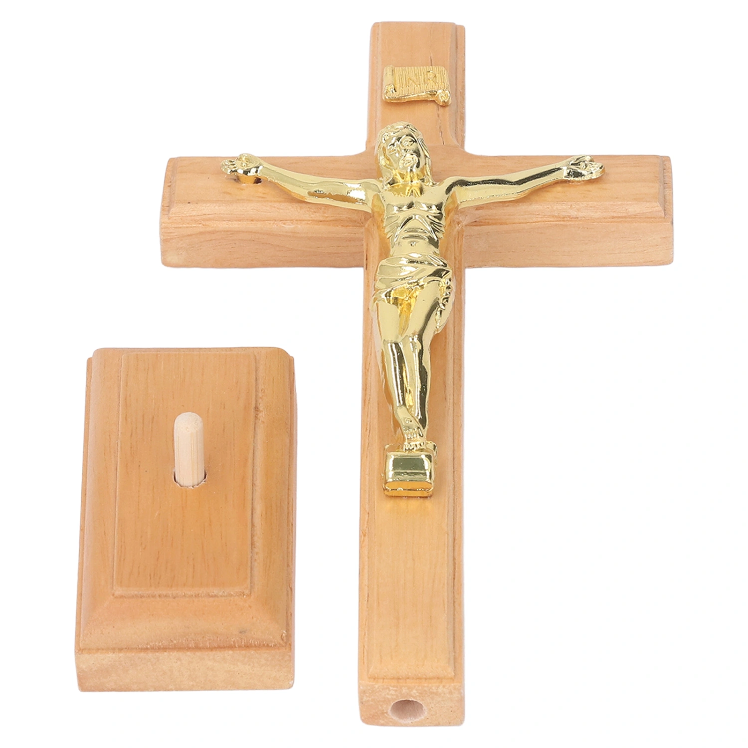 Crucifix Table Cross Hand Crafted Light Brown Durable Beech Metal Stable Base Standing Crucifix for Home Office Cathedral