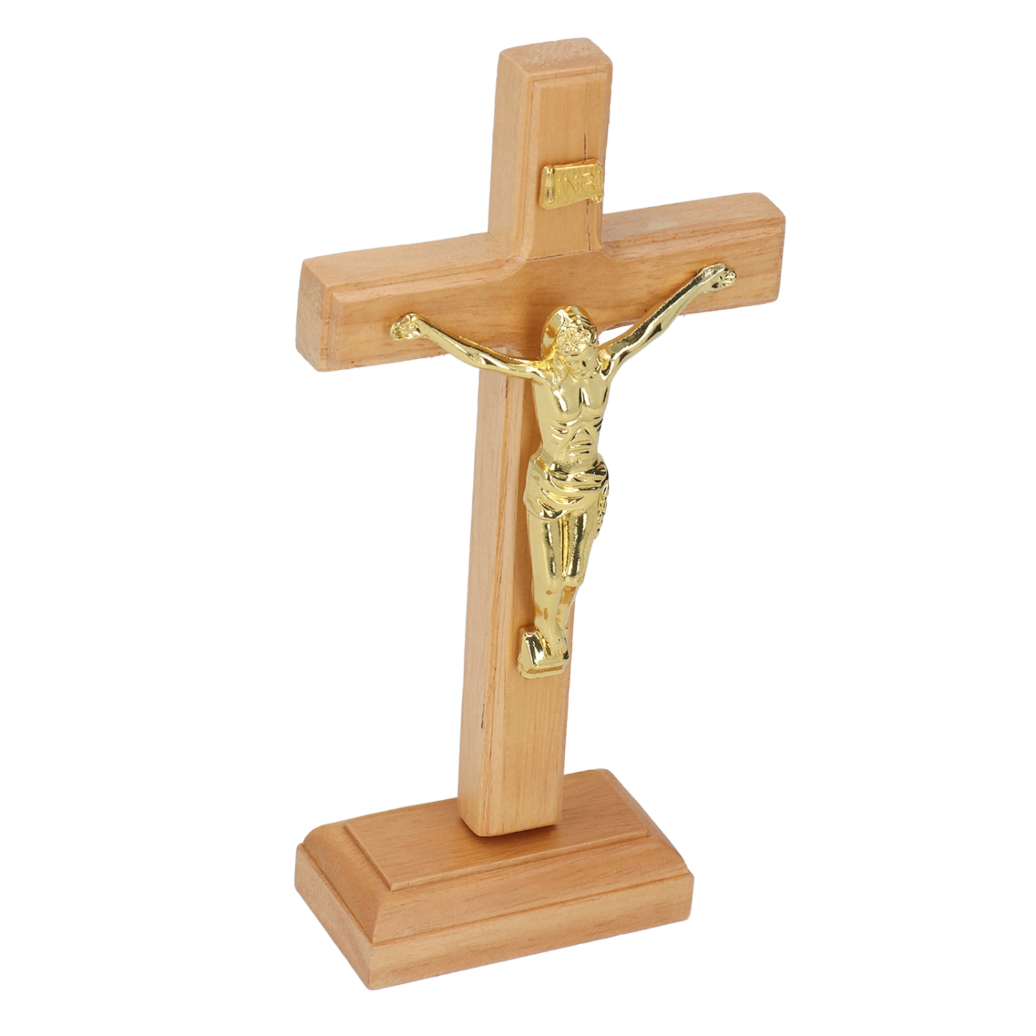 Crucifix Table Cross Hand Crafted Light Brown Durable Beech Metal Stable Base Standing Crucifix for Home Office Cathedral