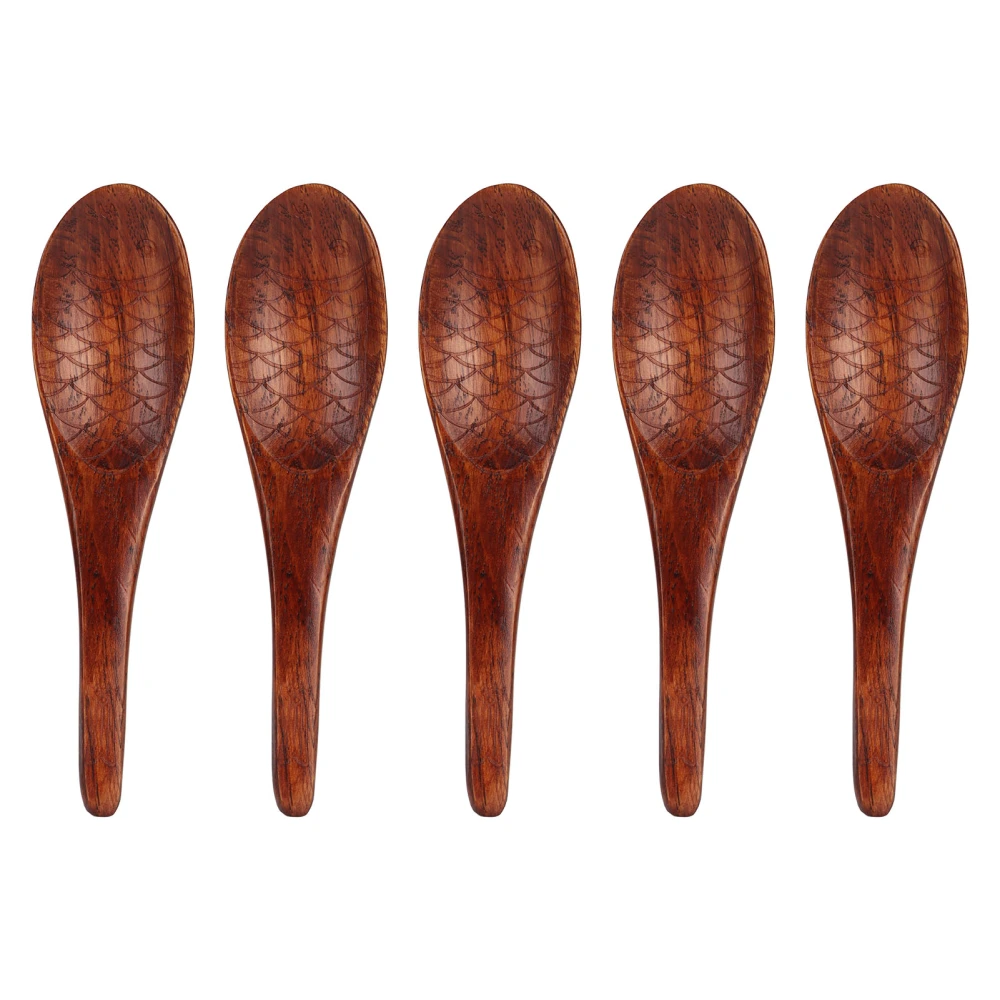 5pcs Wooden Spoon Fish Shaped Hand Carved Old Paint Color Walnut Material Adult Wood Mixing Spoon for Kitchen