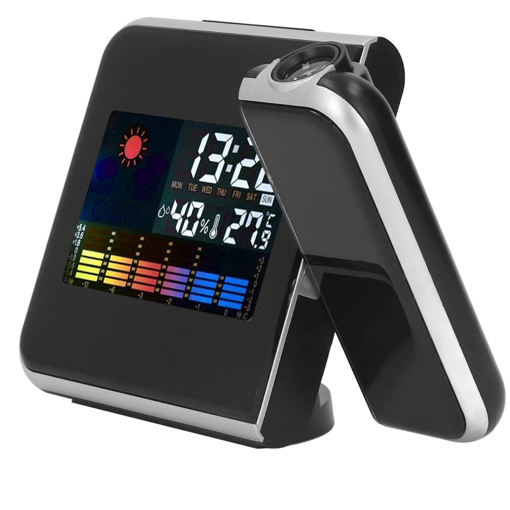 Weather Station Clock Temperature Humidity LCD Color Display LED Backlight Snooze Function Projection Alarm Clock Black Without Wiring