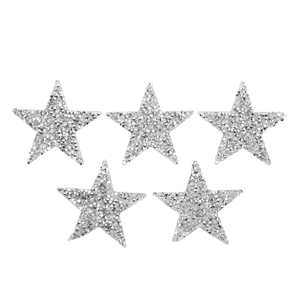 5 Pcs Star Iron On Patches 6cm Silver Resin Shiny Rhinestone Five Pointed Star Hot Melt Adhesive Iron On Patches DIY Clothing