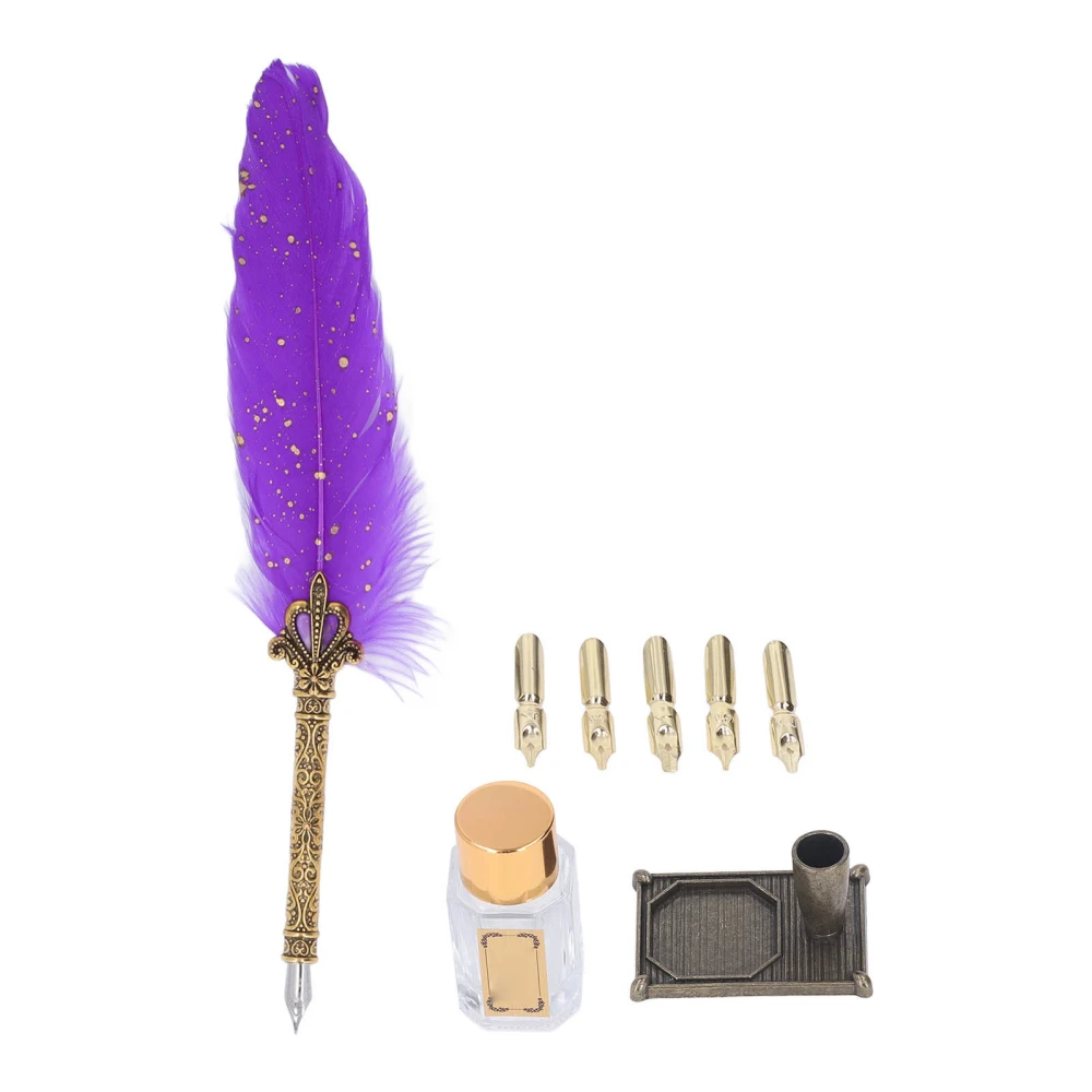 Quill Pen Set Retro Elegant Exquisite Pattern Smoothing Writing Feather Pen Caligraphy Pen Kit with Replaceable Nibs Purple