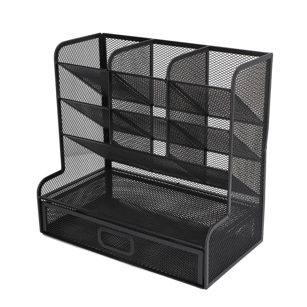 Mesh Pen Organizer Tilt Design 9 Compartments Bottom Drawer Black Vertical Structure Perspective Mesh Pencil Holder