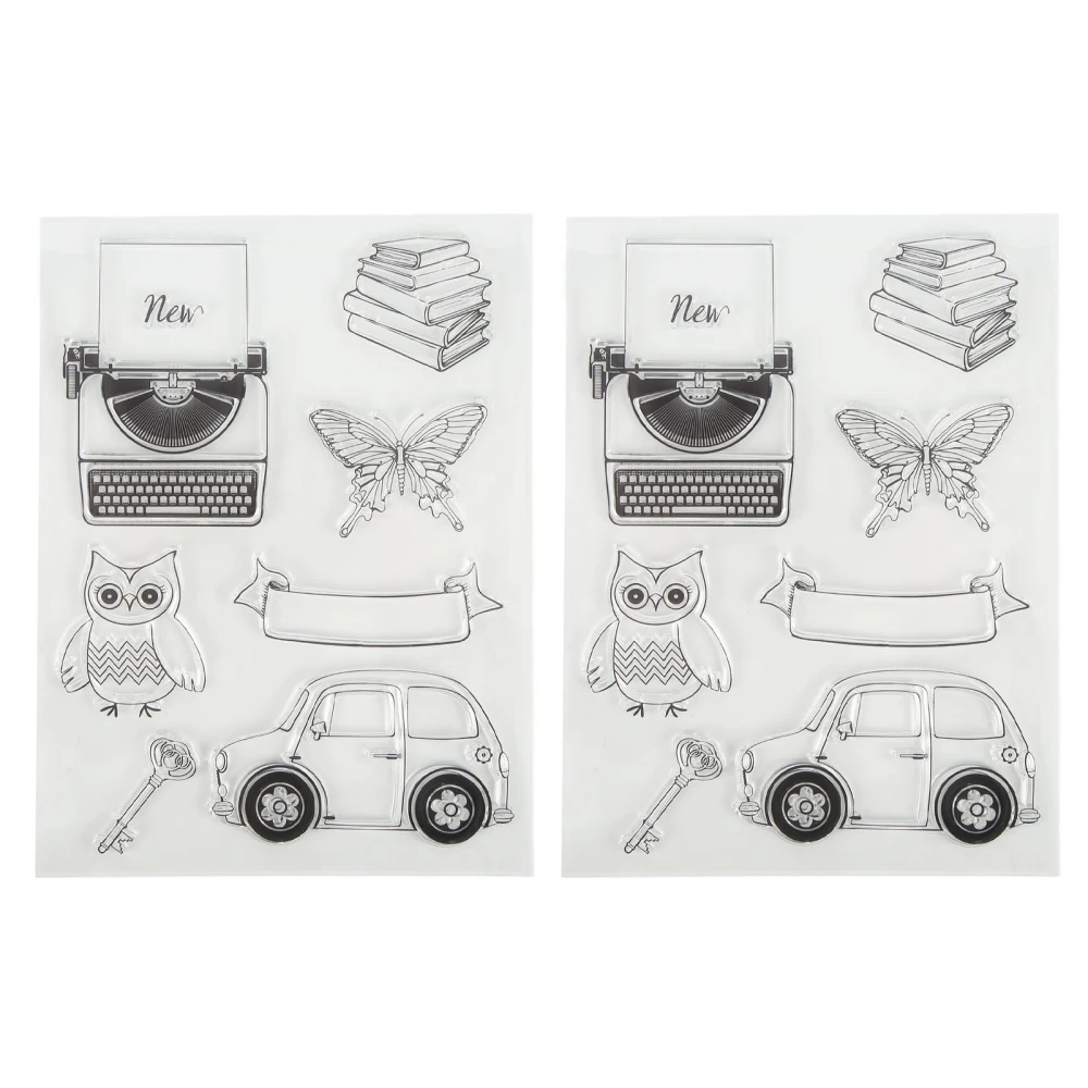 2Pcs DIY Transparent Stamps Clear Imprint Typewriter Car Owl Patterns Silicone Clear Stamps Seals for DIY Photo Albums