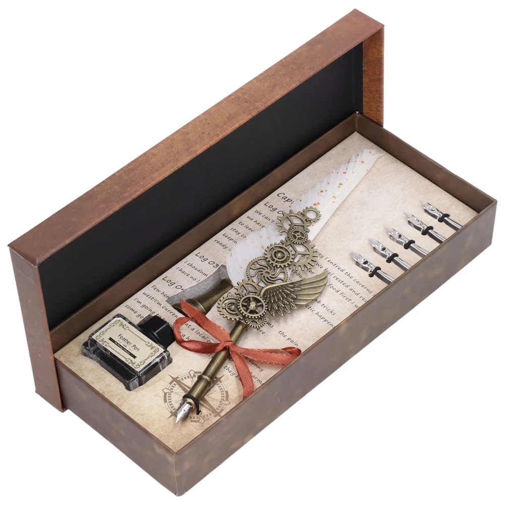 Feather Pen European Style British Retro Style Gold Stainless Steel Carved Feather Pen Business Dip Pen Gift Box Set White