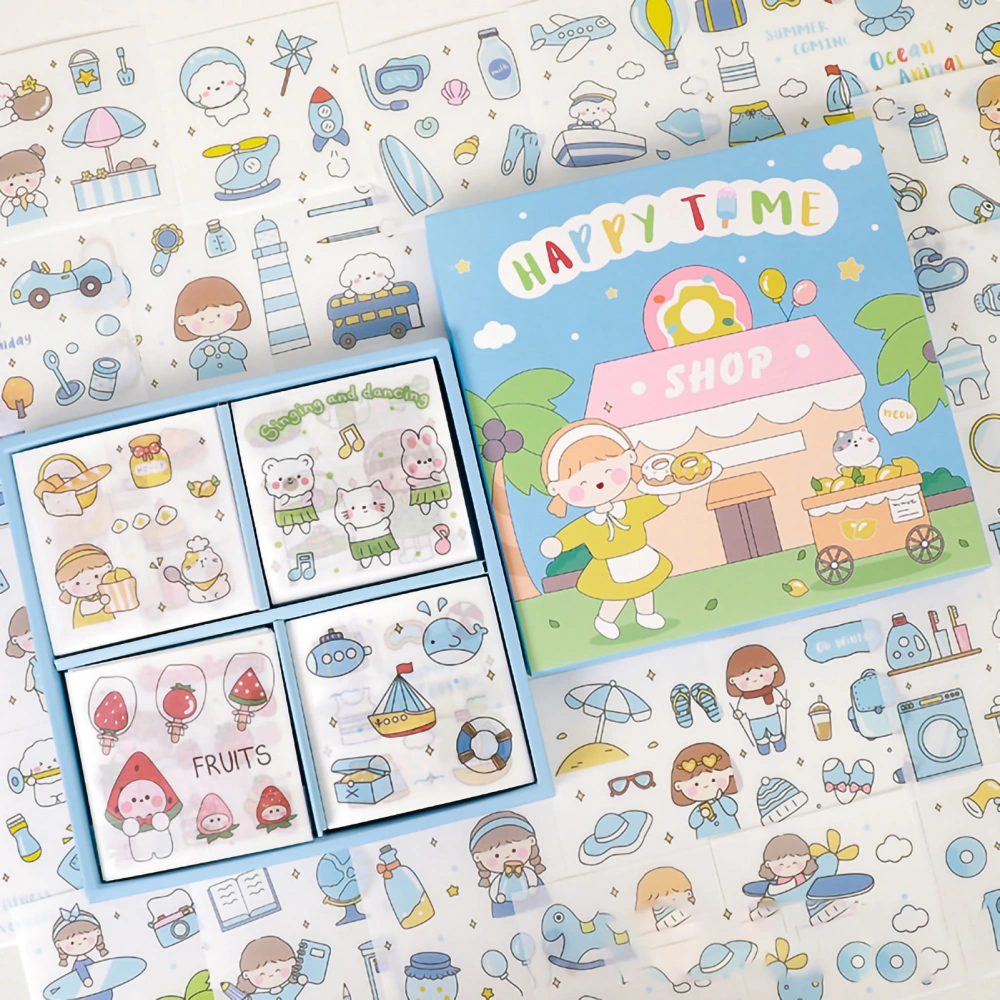 Notebook Sticker 100 Pieces Delicate Cute Cartoon Pattern DIY Boxed Stickers for Scrapbooking Diary Cards Crafts Blue