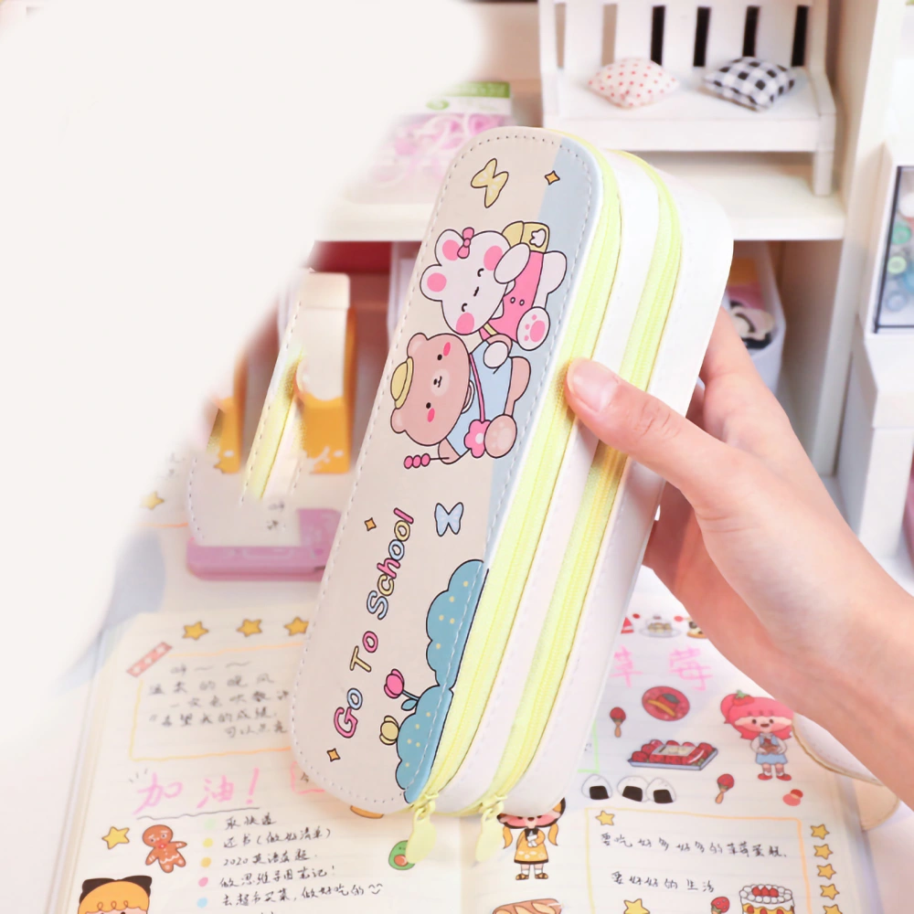 Double Layer Pencil Pouch Large Capacity Simple Style Waterproof Dustproof Canvas Pen Holder Bag for Girl Students Yellow Grass Bear Bunny