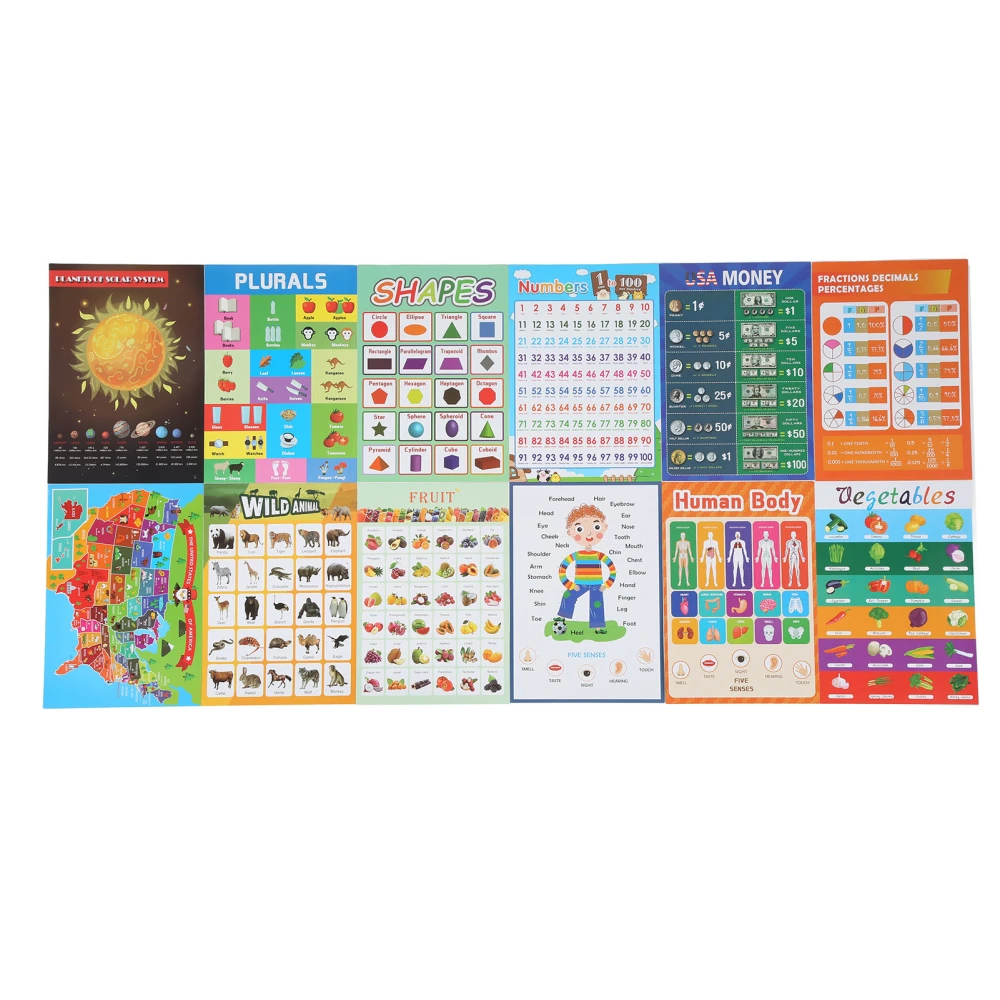 12Pcs Kids Educational Poster Interesting Content Bright Color Smoother Texture Educational ABC Poster for Preschool