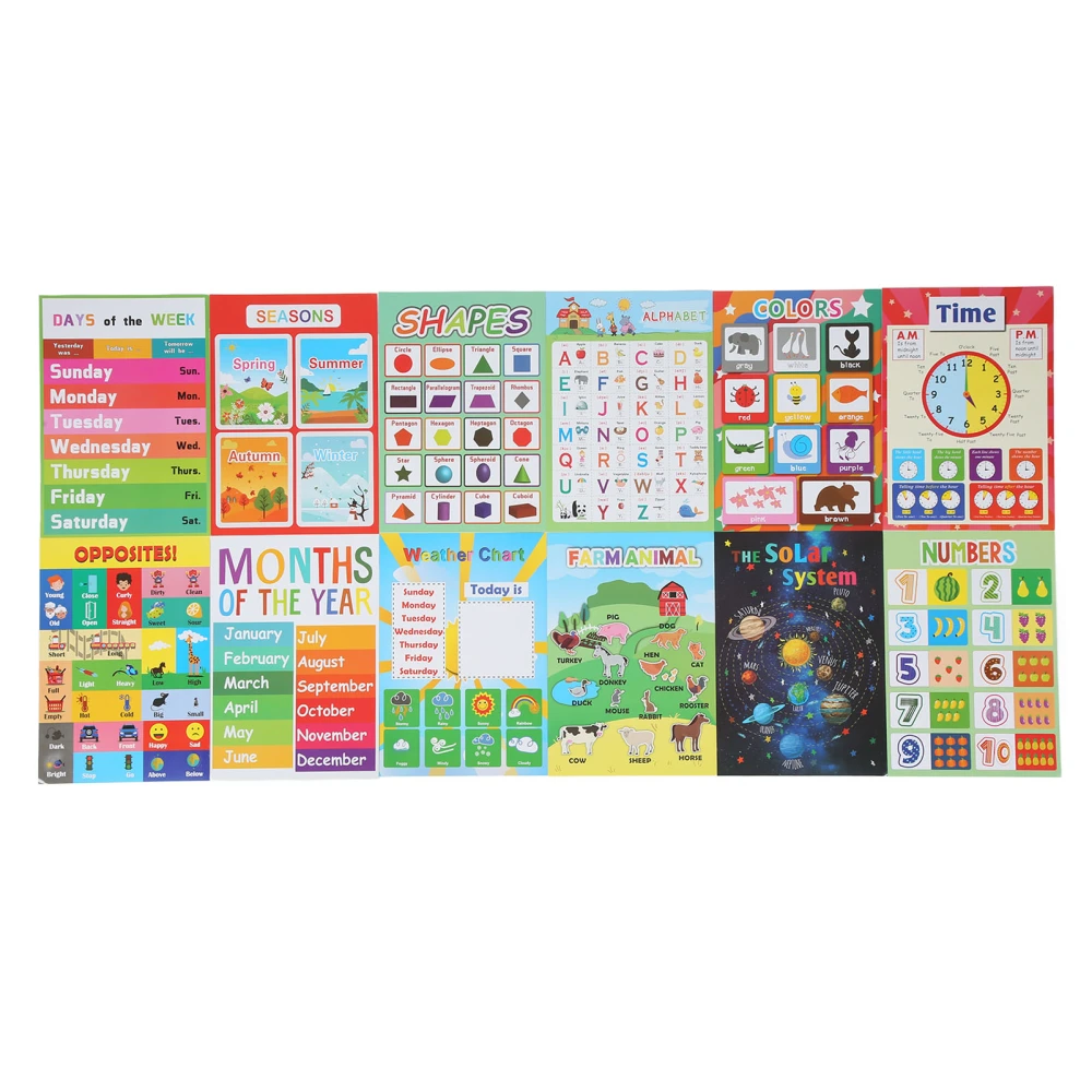 12PCS Educational Posters for Kids Cartoon Learning Poster Waterproof English Education Early Learning Enlightenment Poster