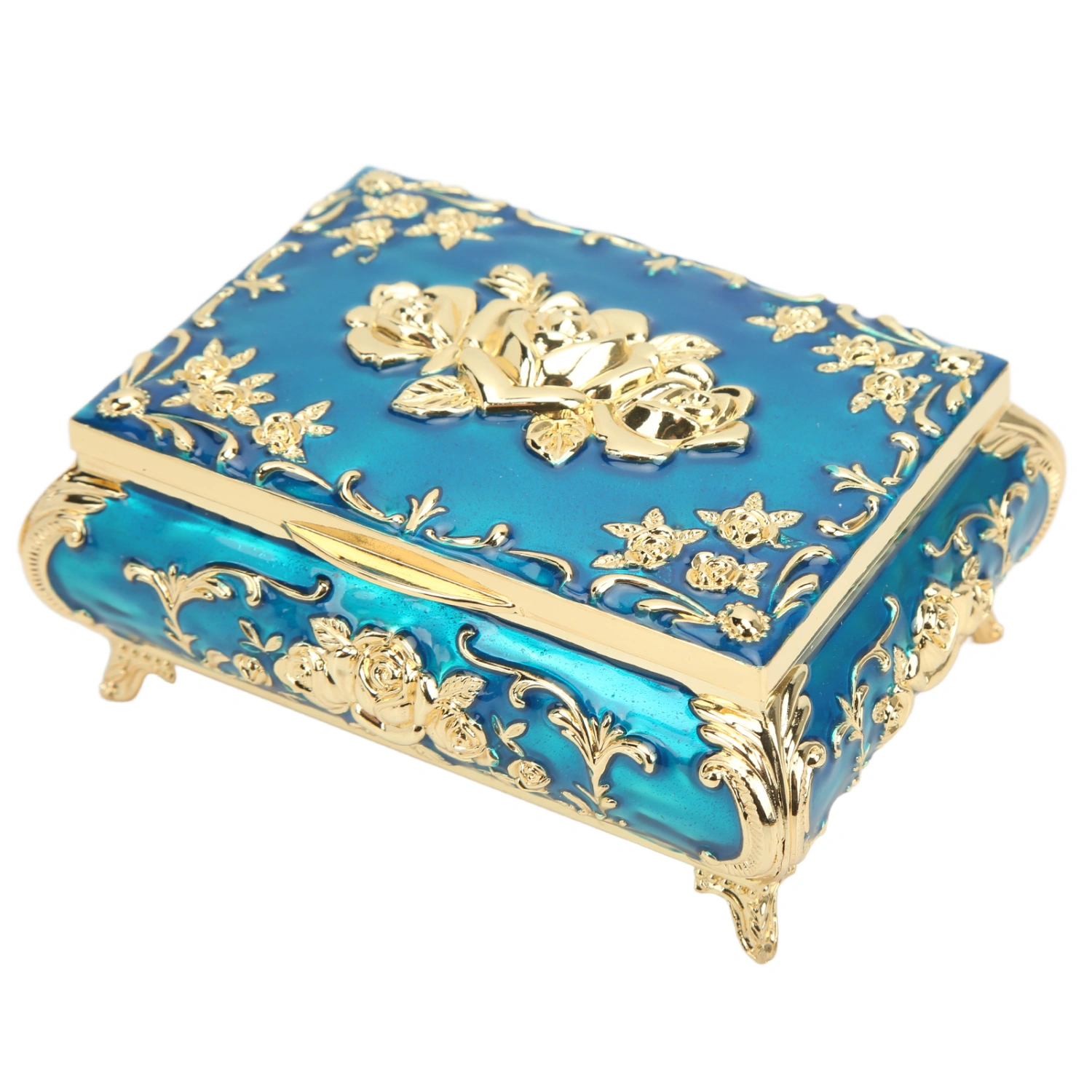 Vintage Jewelry Box Glossy Exquisite Rust Resistant Rose Relief Design Jewelry Storage Box DecorationGold Blue