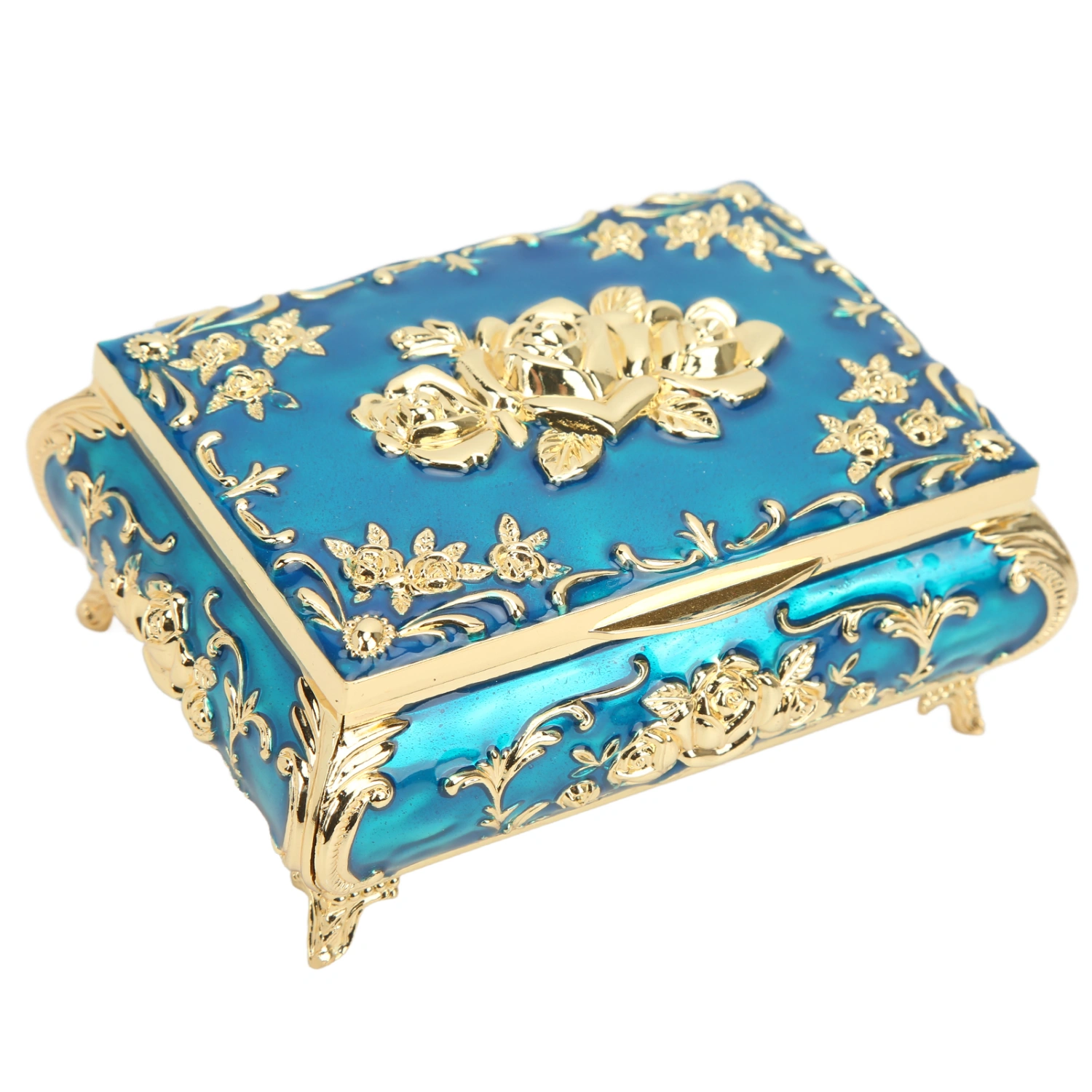 Vintage Jewelry Box Glossy Exquisite Rust Resistant Rose Relief Design Jewelry Storage Box DecorationGold Blue