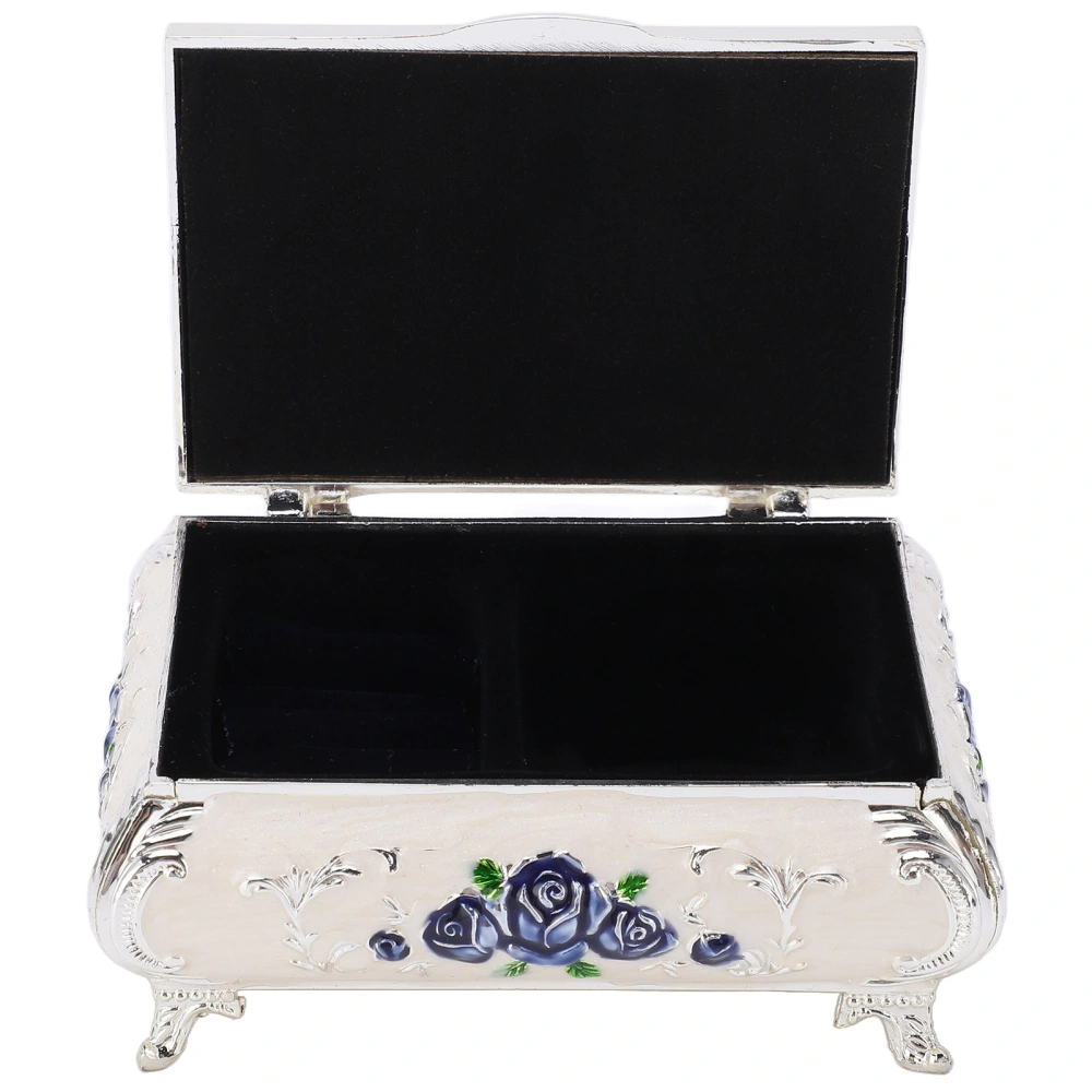 Vintage Jewelry Box Vintage Roses Embossed Design Zinc Alloy Soft Velvet Vibrant Colors Safe Glossy Small Jewelry BoxSilver White and Blue Roses