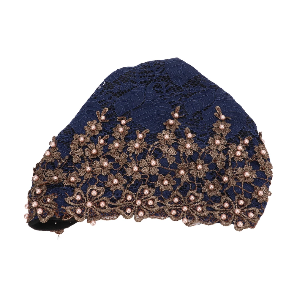 Turban Head Wraps Vintage Embroidered Soft Lace Material Beaded Fleece Hair Hat for Women Daily UseDark Blue