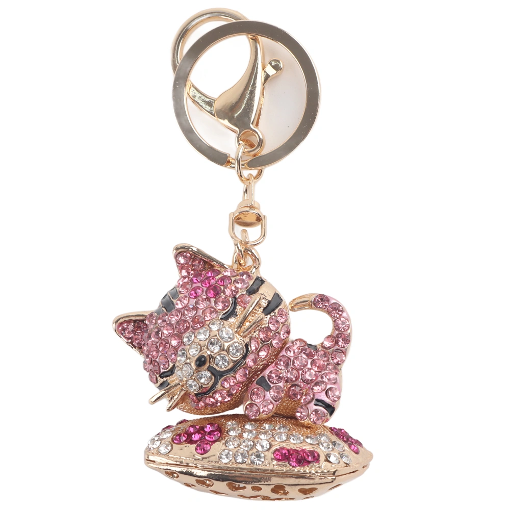 Rhinestone Keychain Cute Sleeping Cat Shape Vivid Shiny Pink Decorative Pendant Ornament AccessoriesPink