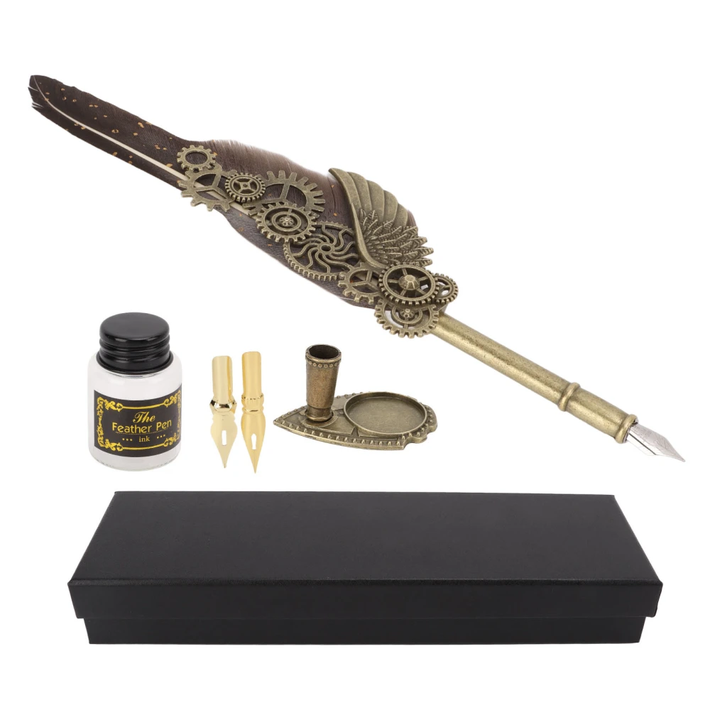 Quill Pen and Ink Set Vintage Style Glossy Writting Stainless Steel Nib Wear Resistant Durable Delicate Texture Quill PenGrey Quill