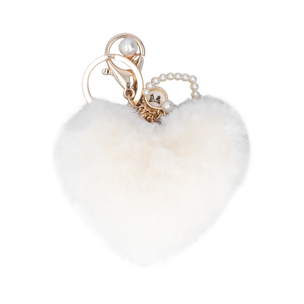 Keychain Pom Pom Heart Shaped Fluffy Soft Plush Odorless Fadeless Wide Application Zinc Alloy Durable Backpack KeychainWhite