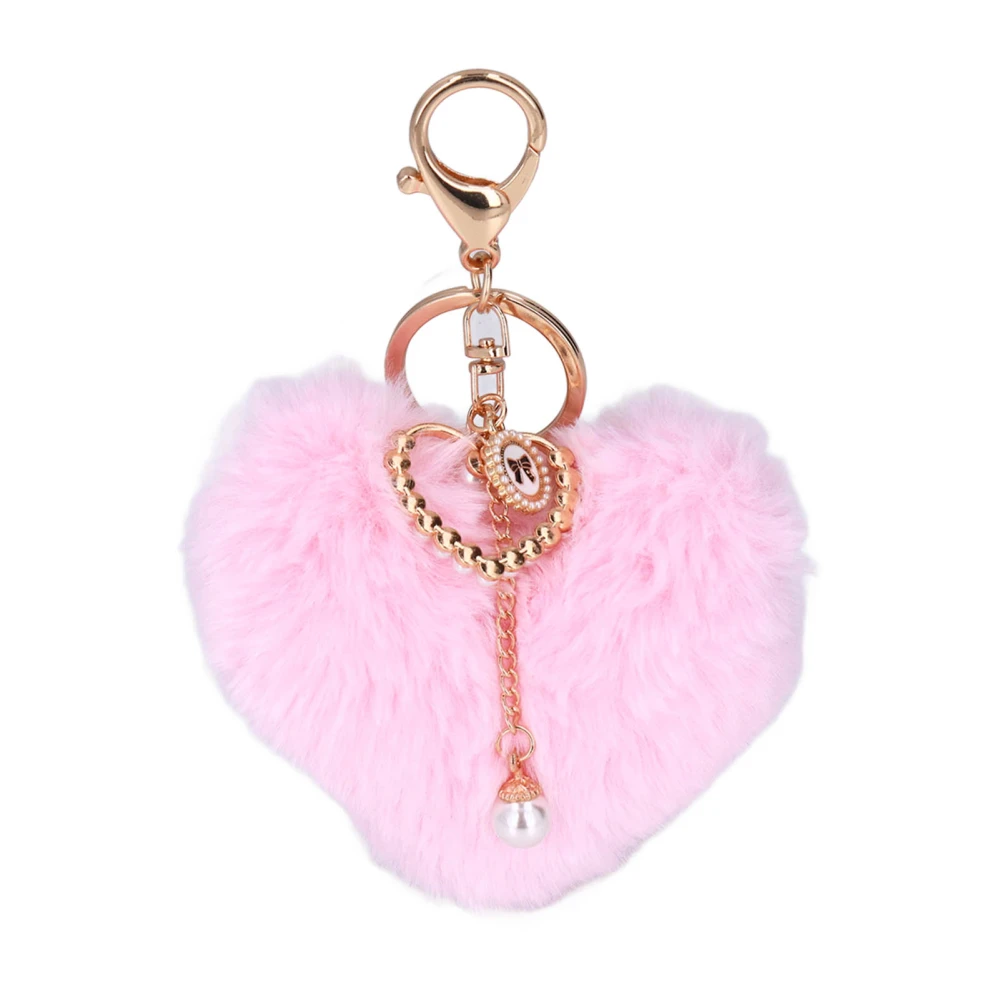 Keychain Pom Pom Heart Shaped Fluffy Soft Plush Odorless Fadeless Wide Application Zinc Alloy Durable Backpack KeychainPink