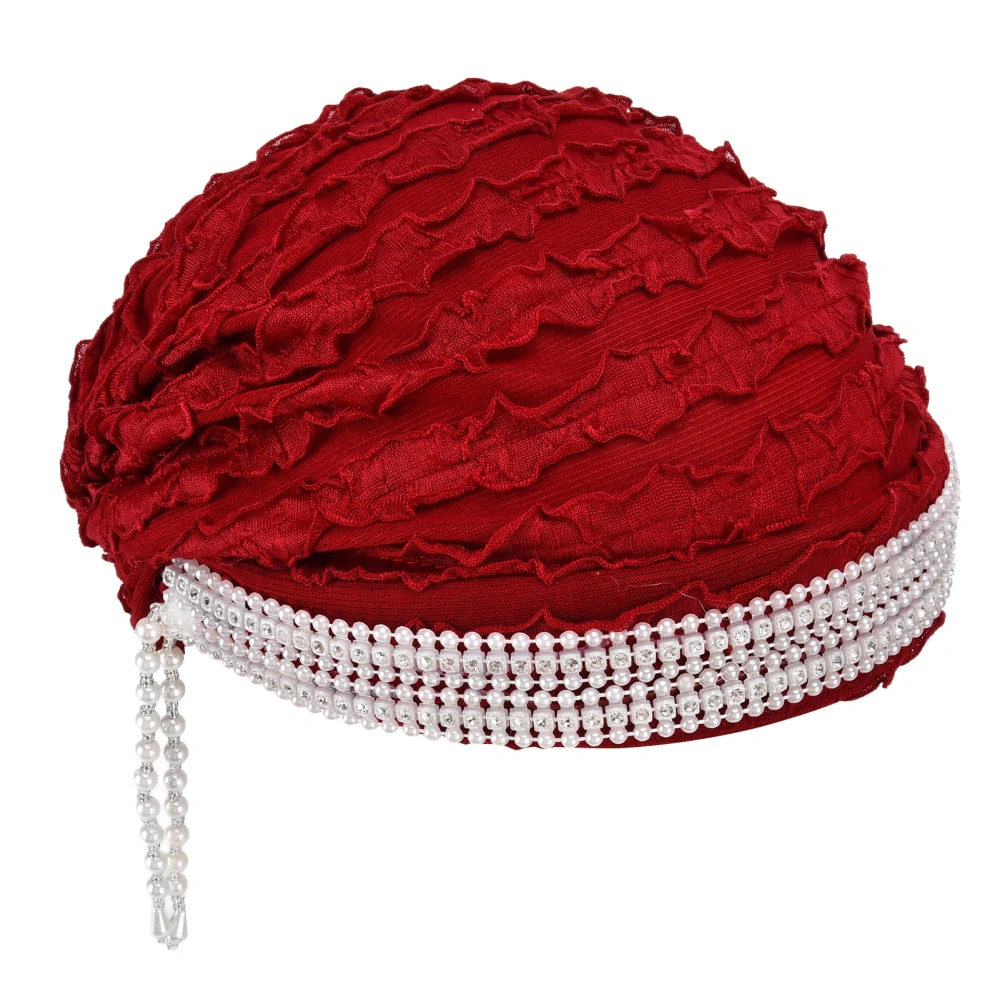 Head Wrap Fashionable Breathable Pearl Embellished Tassel Headband for Women Daily Decorations Muslim ProductsWine Red