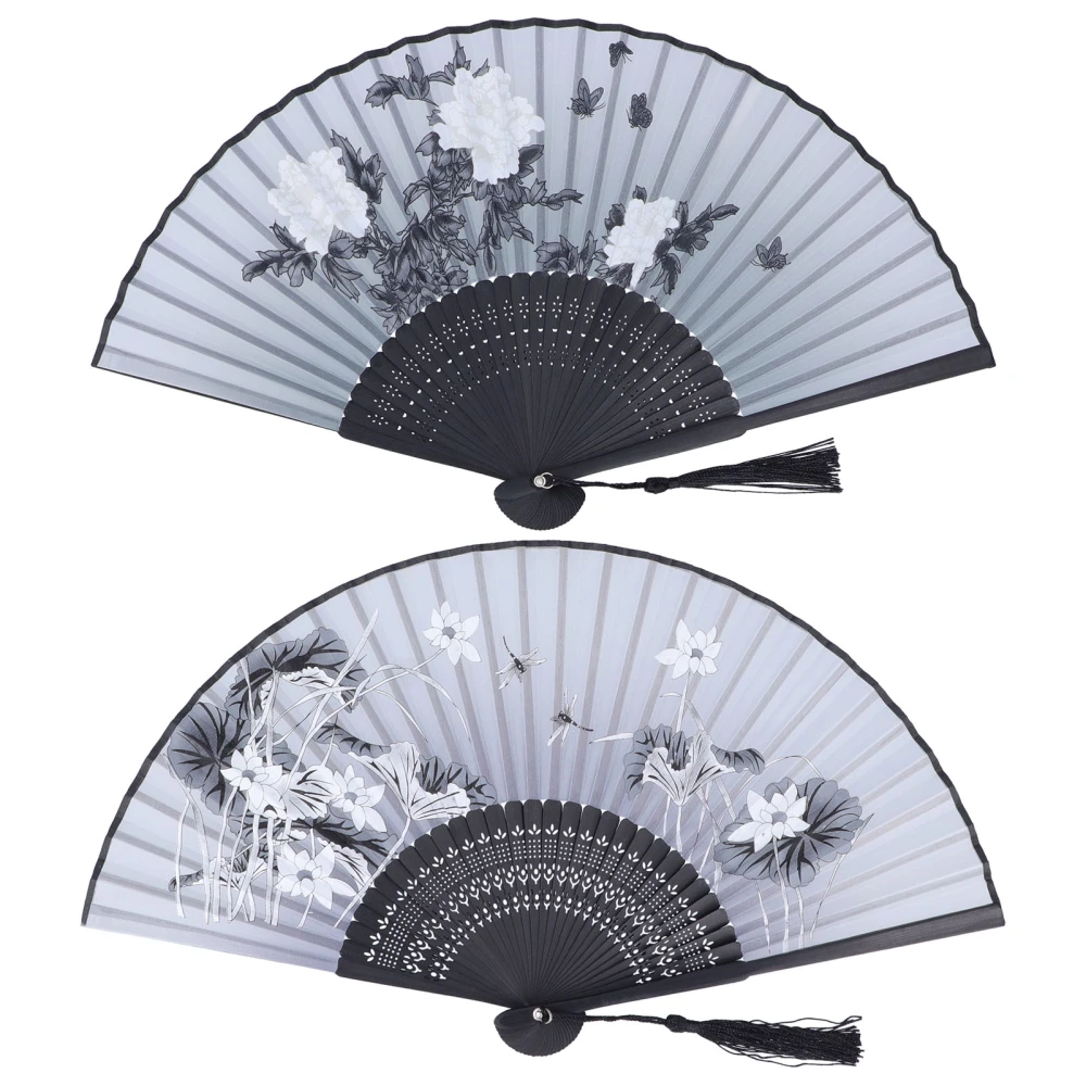 2pcs Hand Fan Bamboo Black Bones Flower Pattern Retro Style Decorative Folding Fan for Performance Decoration Gift