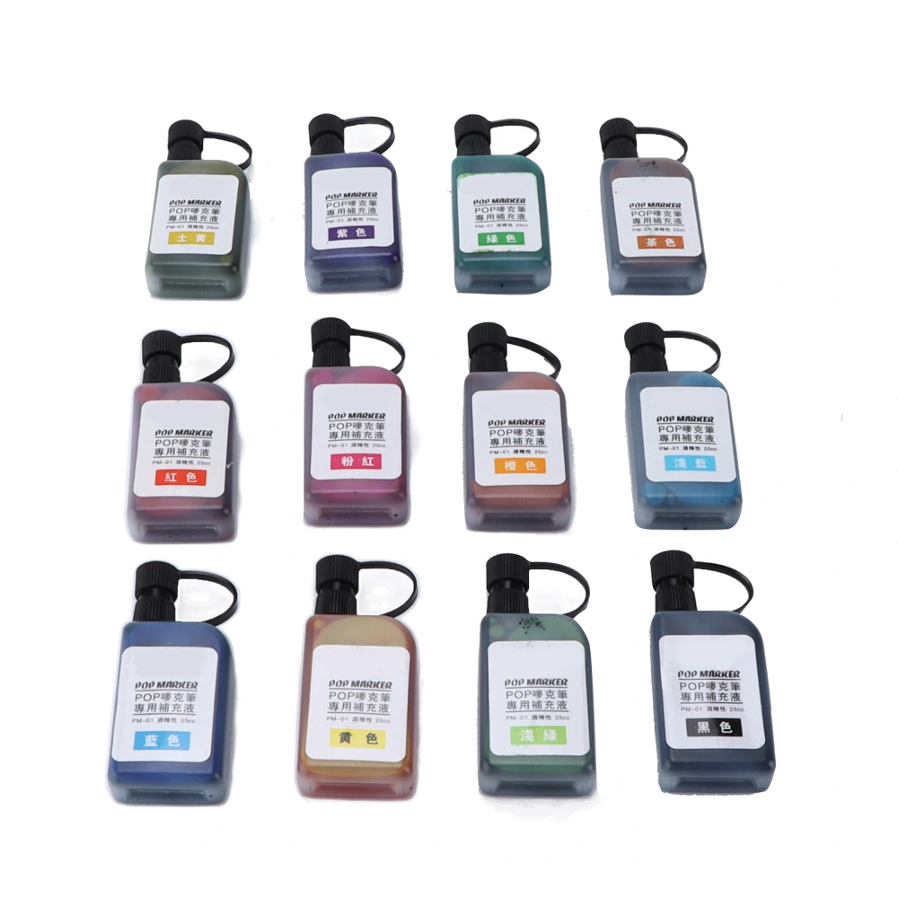 Marker Ink 12 Vibrant Colors Fading Resistant Waterproof Transparent Bottle Safe Ink Refill Kit