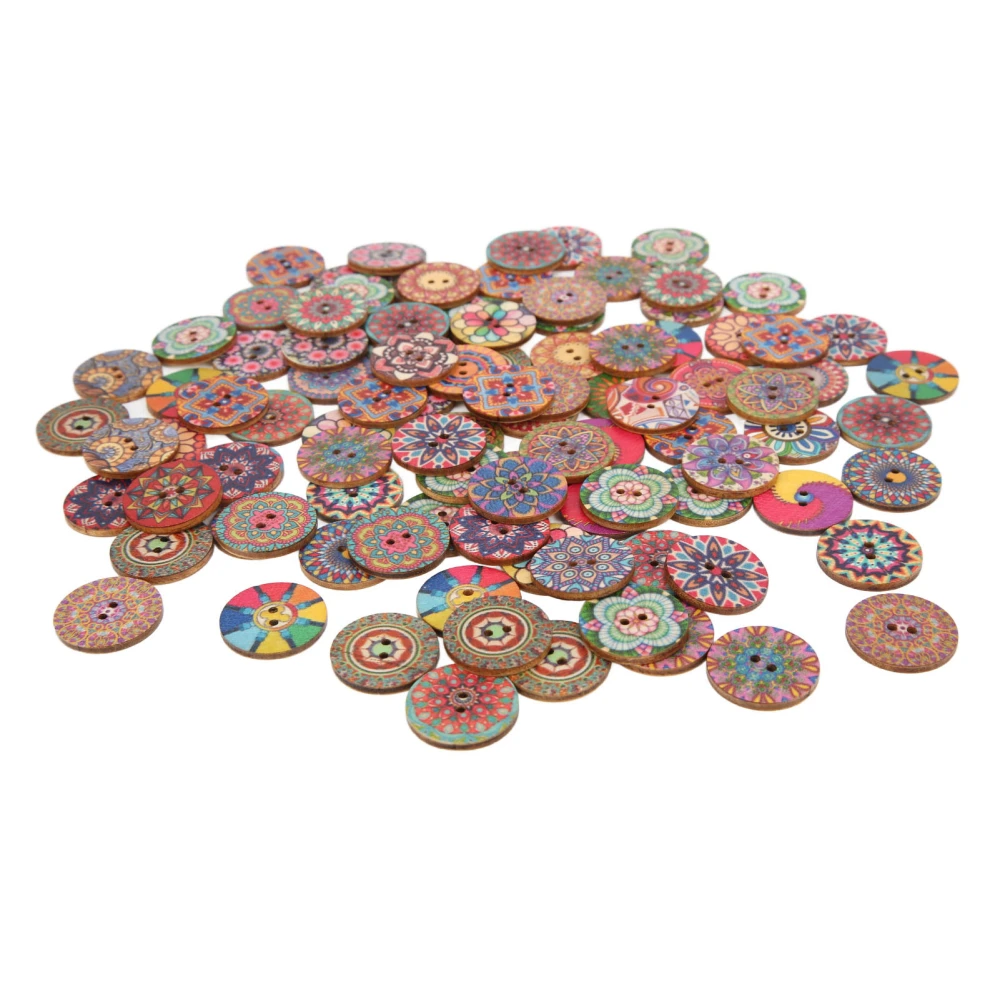 100Pcs Wooden Buttons European Style Retro Flower Pattern Durable 25mm DIY Accessories for Sewing Crafting